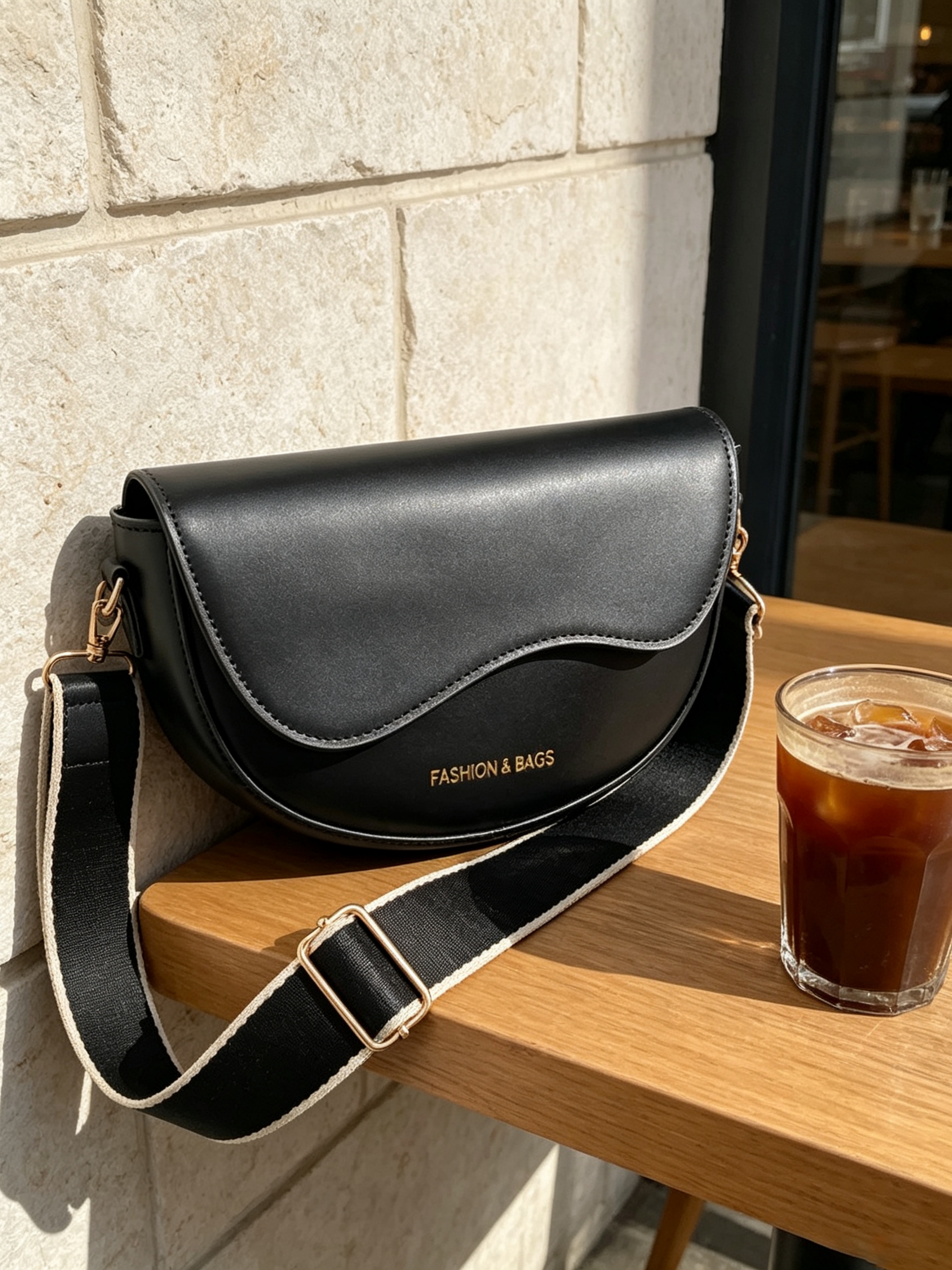 Black Slogan Crossbody Bag with Magnetic