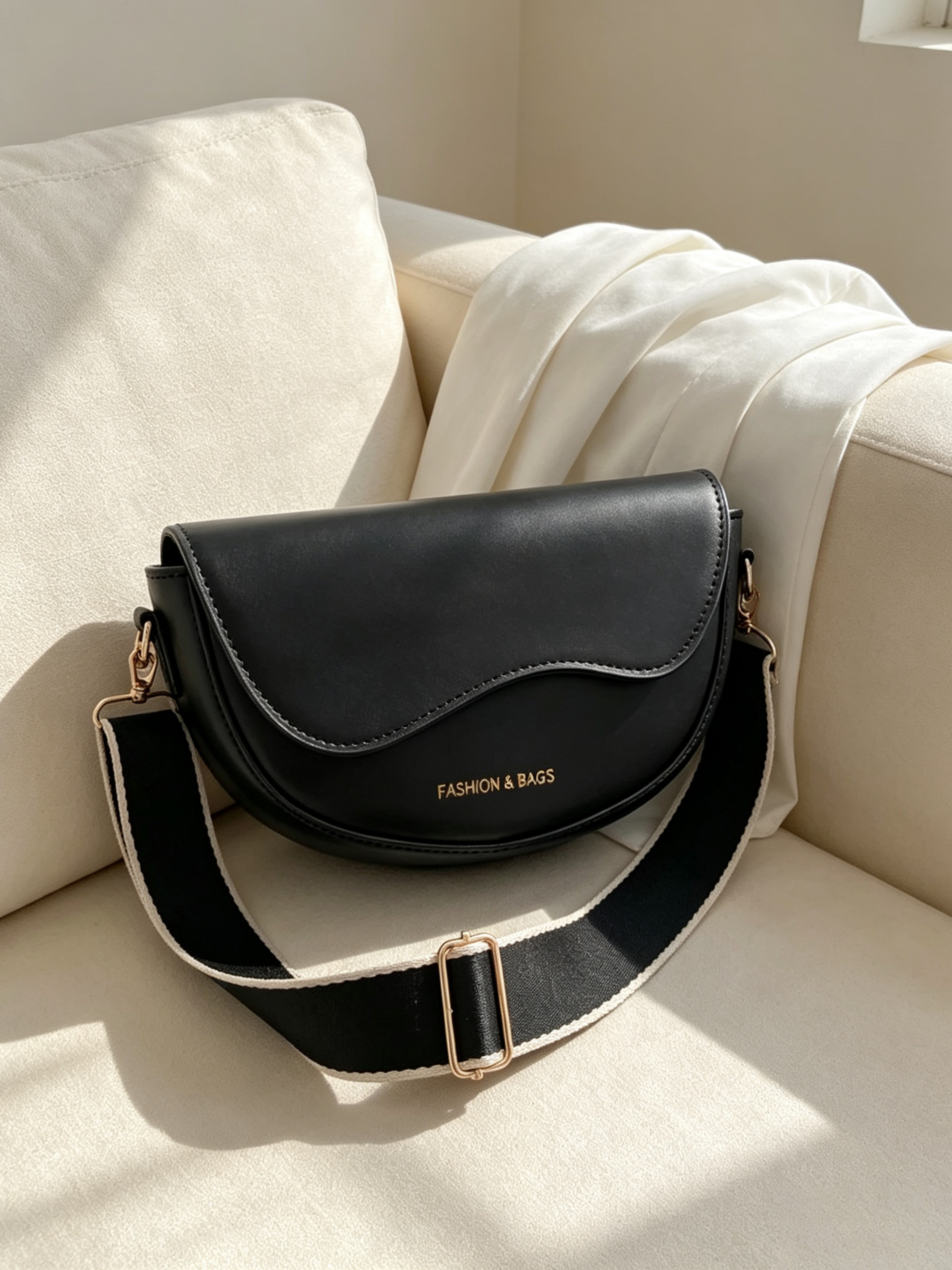 Black Slogan Crossbody Bag with Magnetic