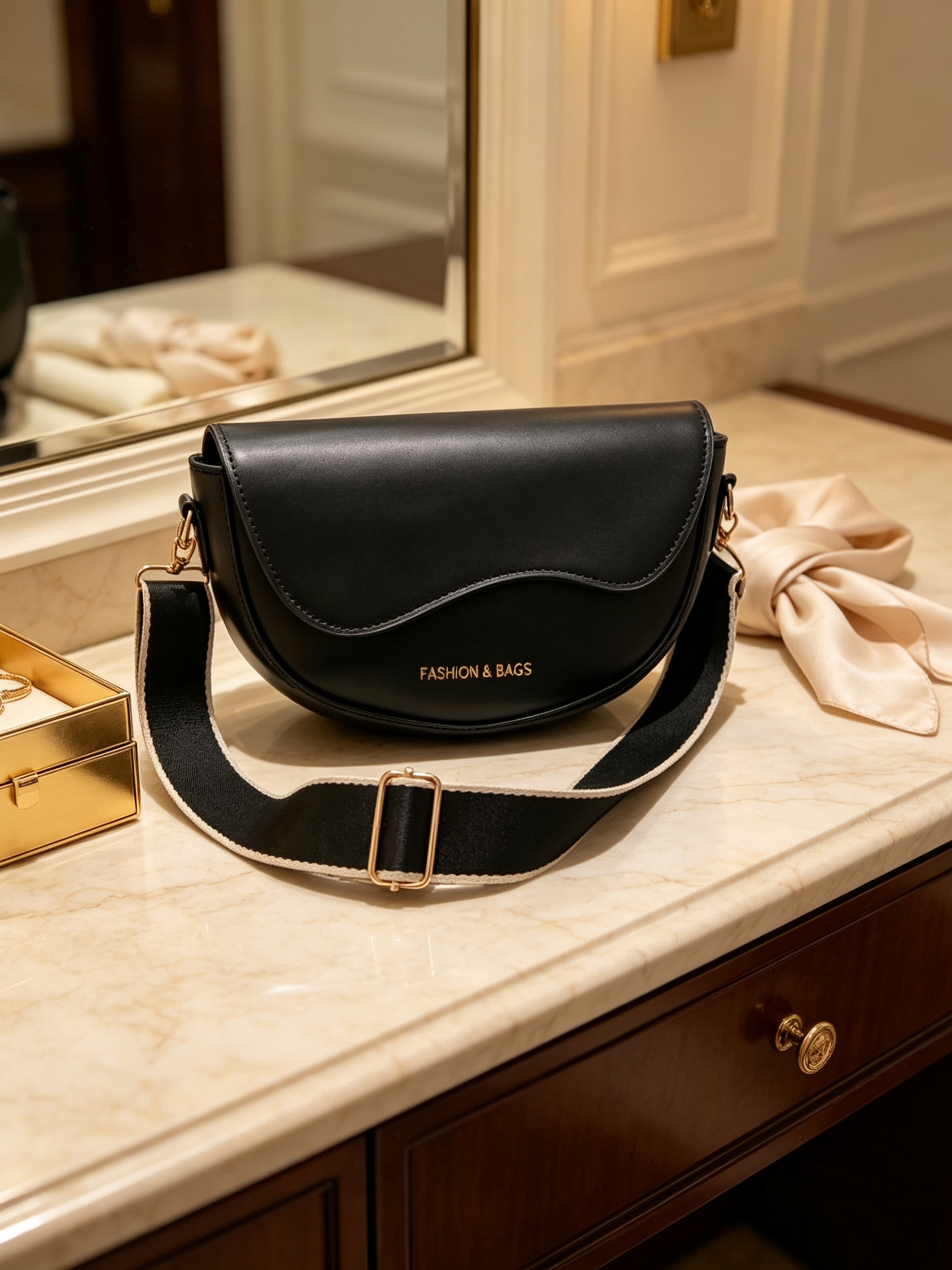 Black Slogan Crossbody Bag with Magnetic