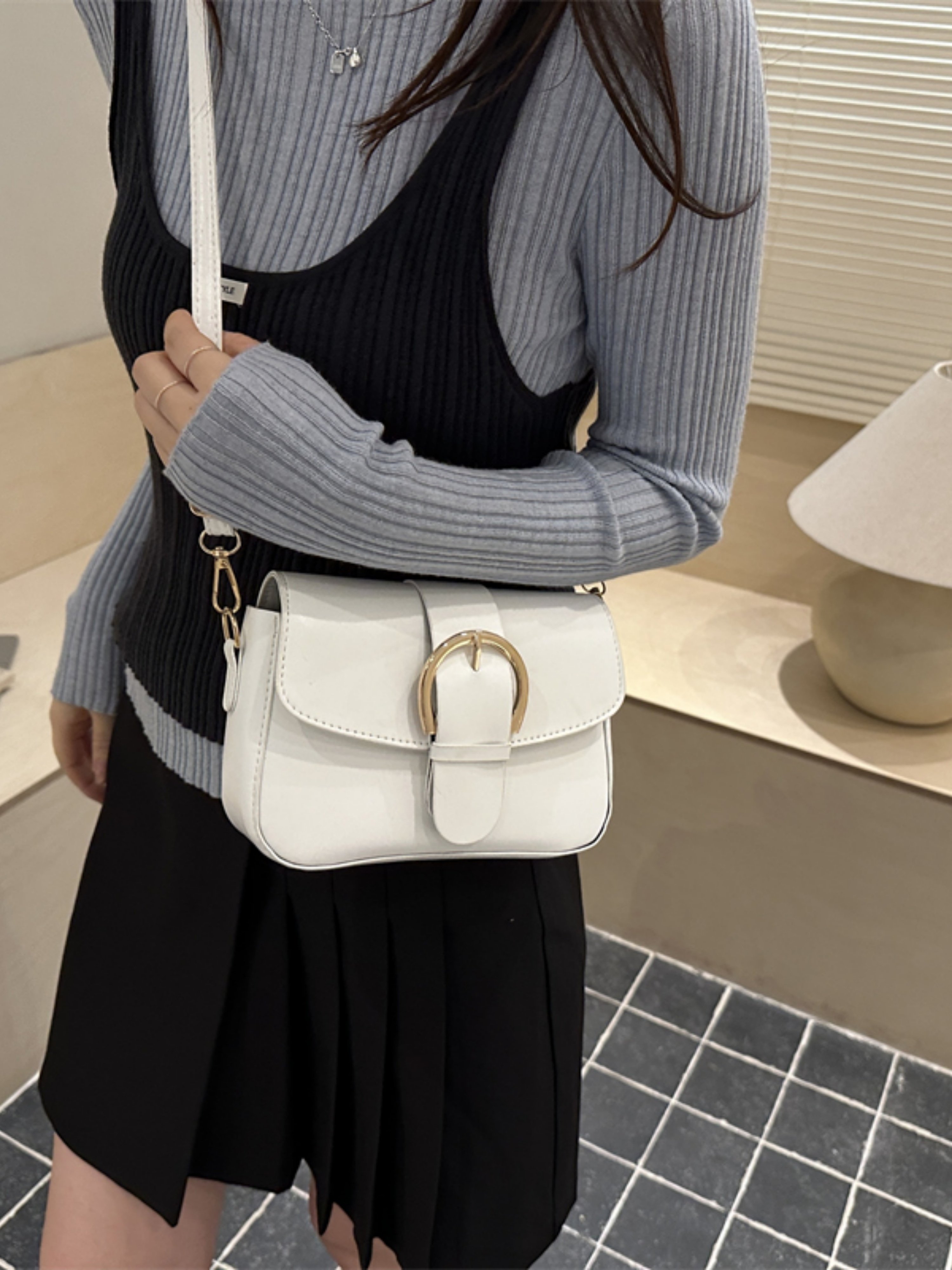 White Solid Crossbody Bag with Buckle