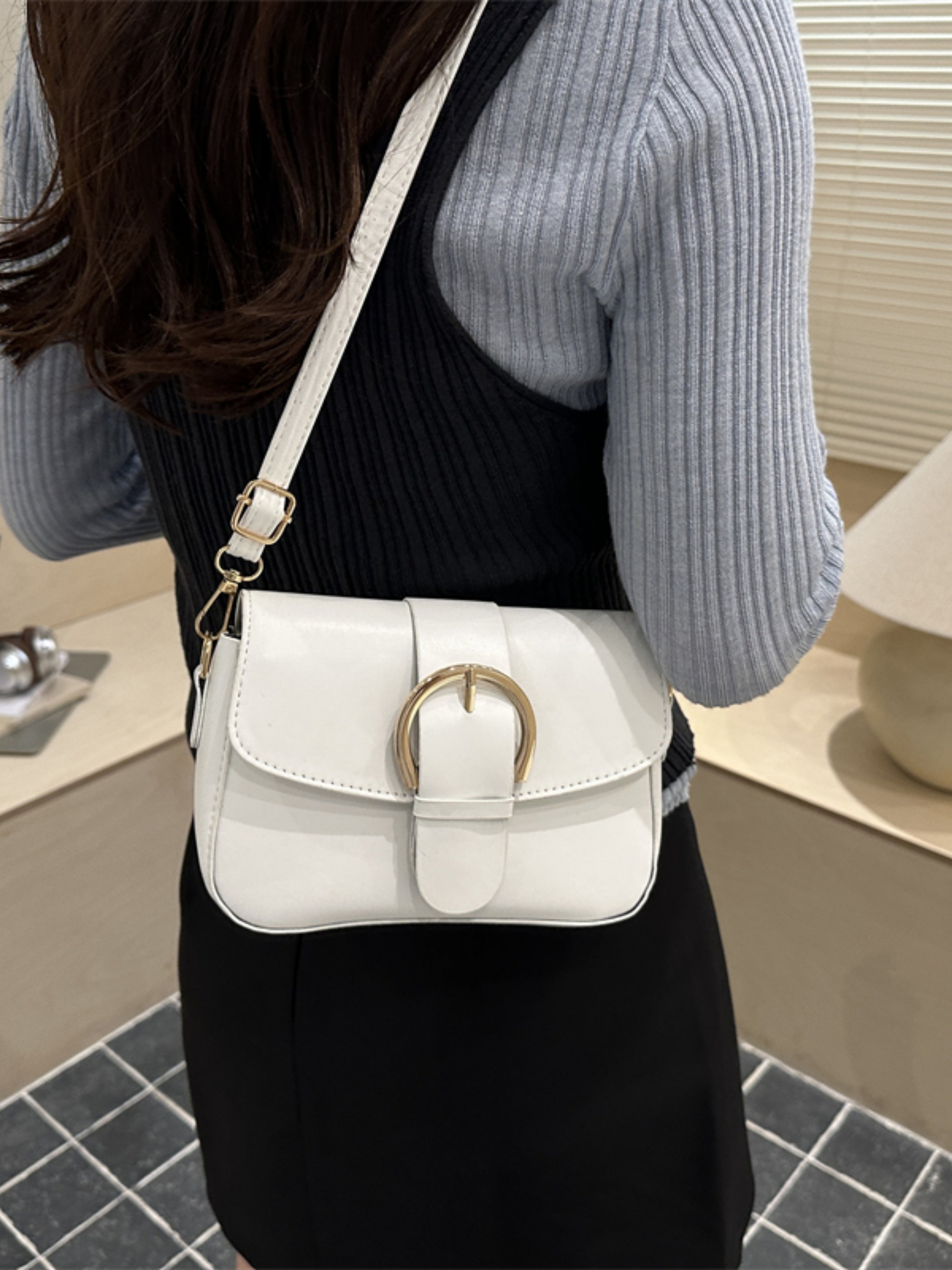 White Solid Crossbody Bag with Buckle