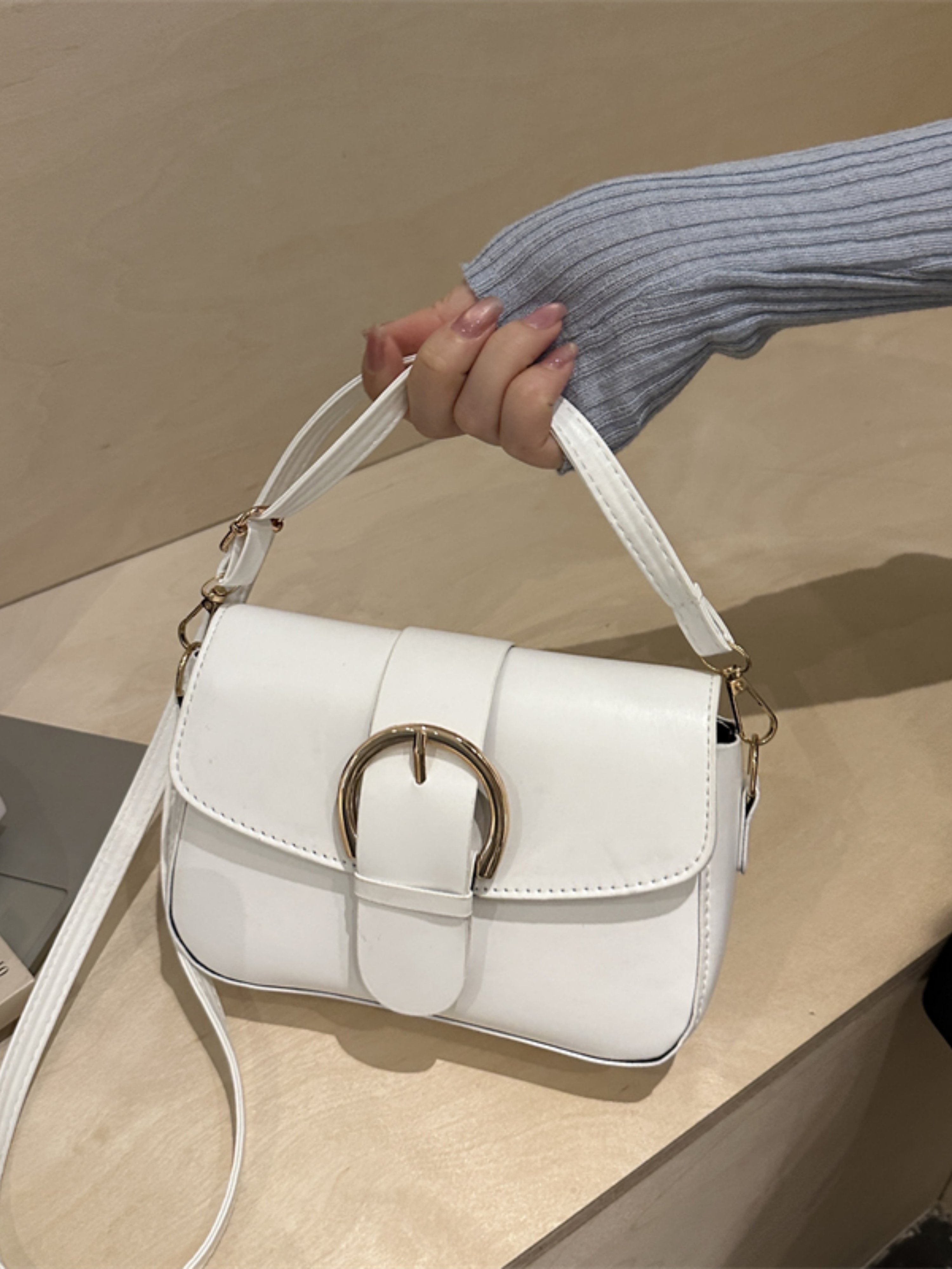 White Solid Crossbody Bag with Buckle