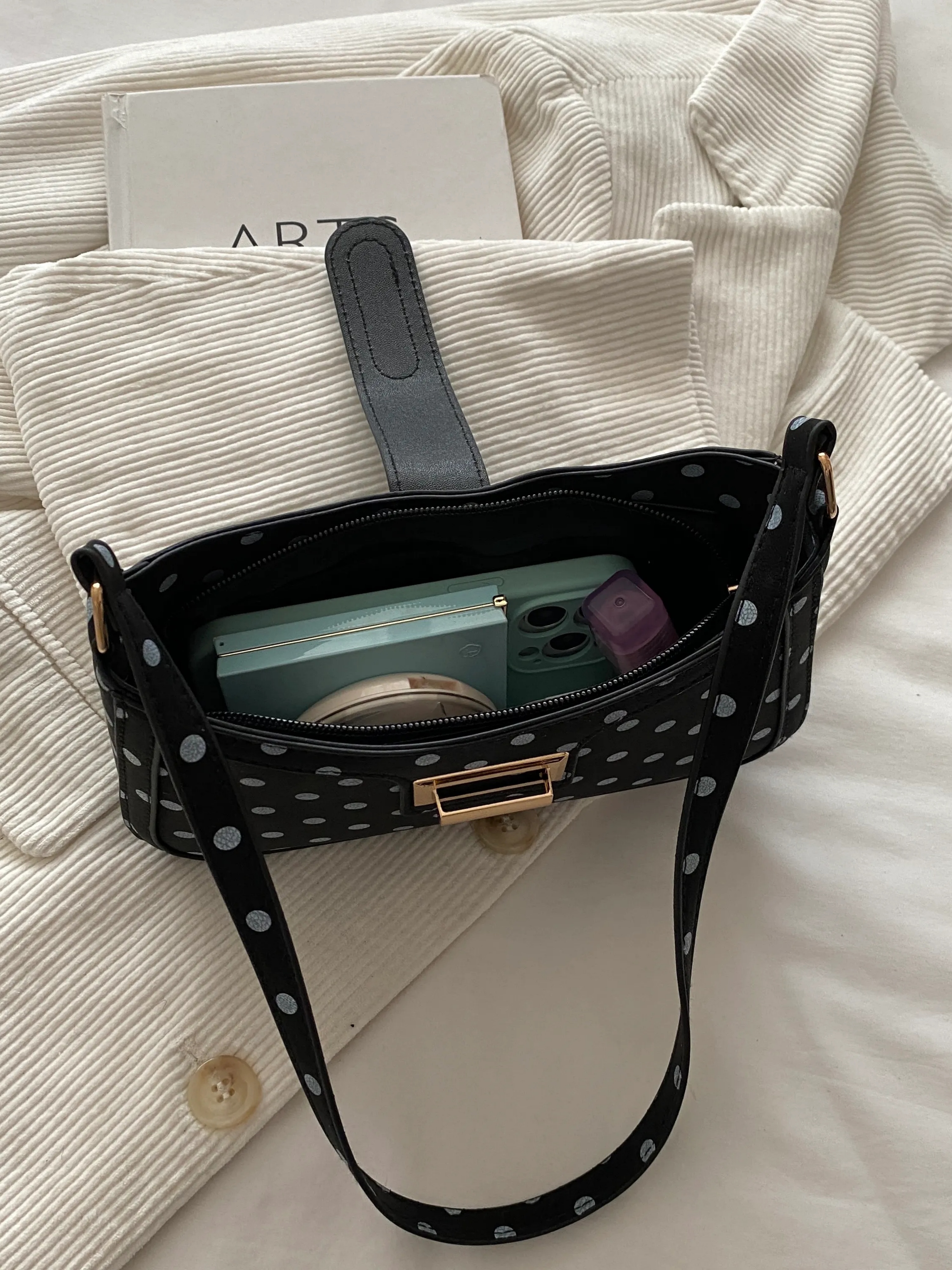 Black Printed Shoulder Bag with Zip