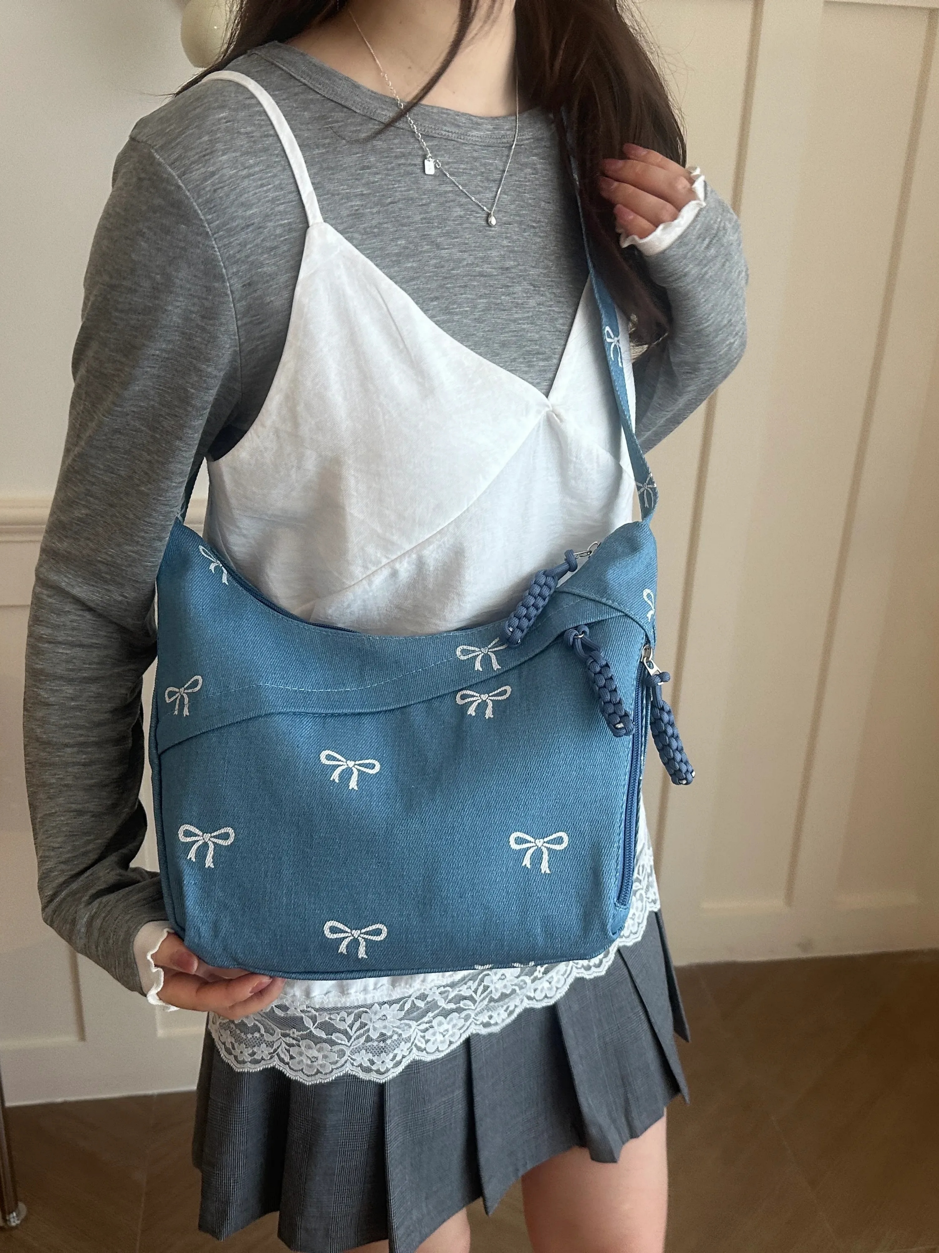 Light Blue Embroidered Crossbody Bag with Zip