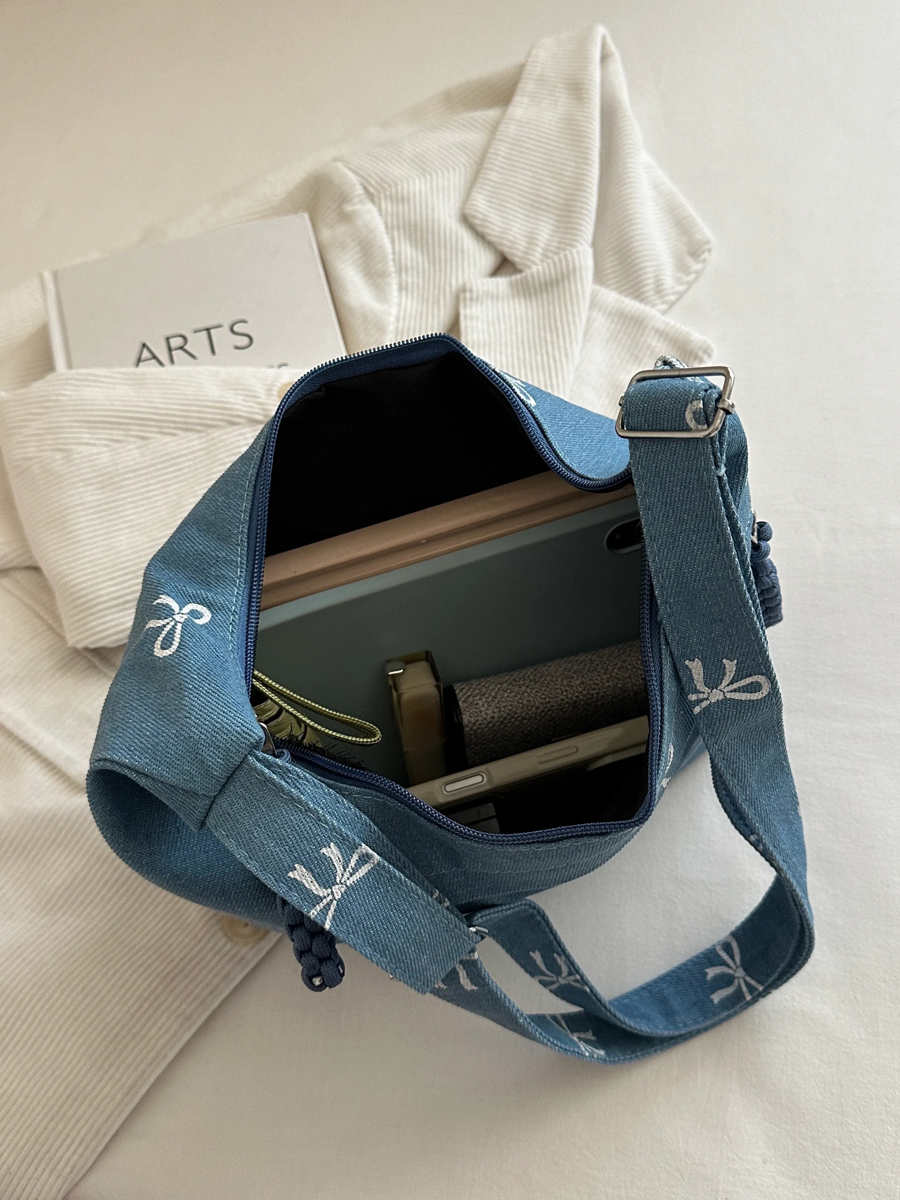 Light Blue Embroidered Crossbody Bag with Zip