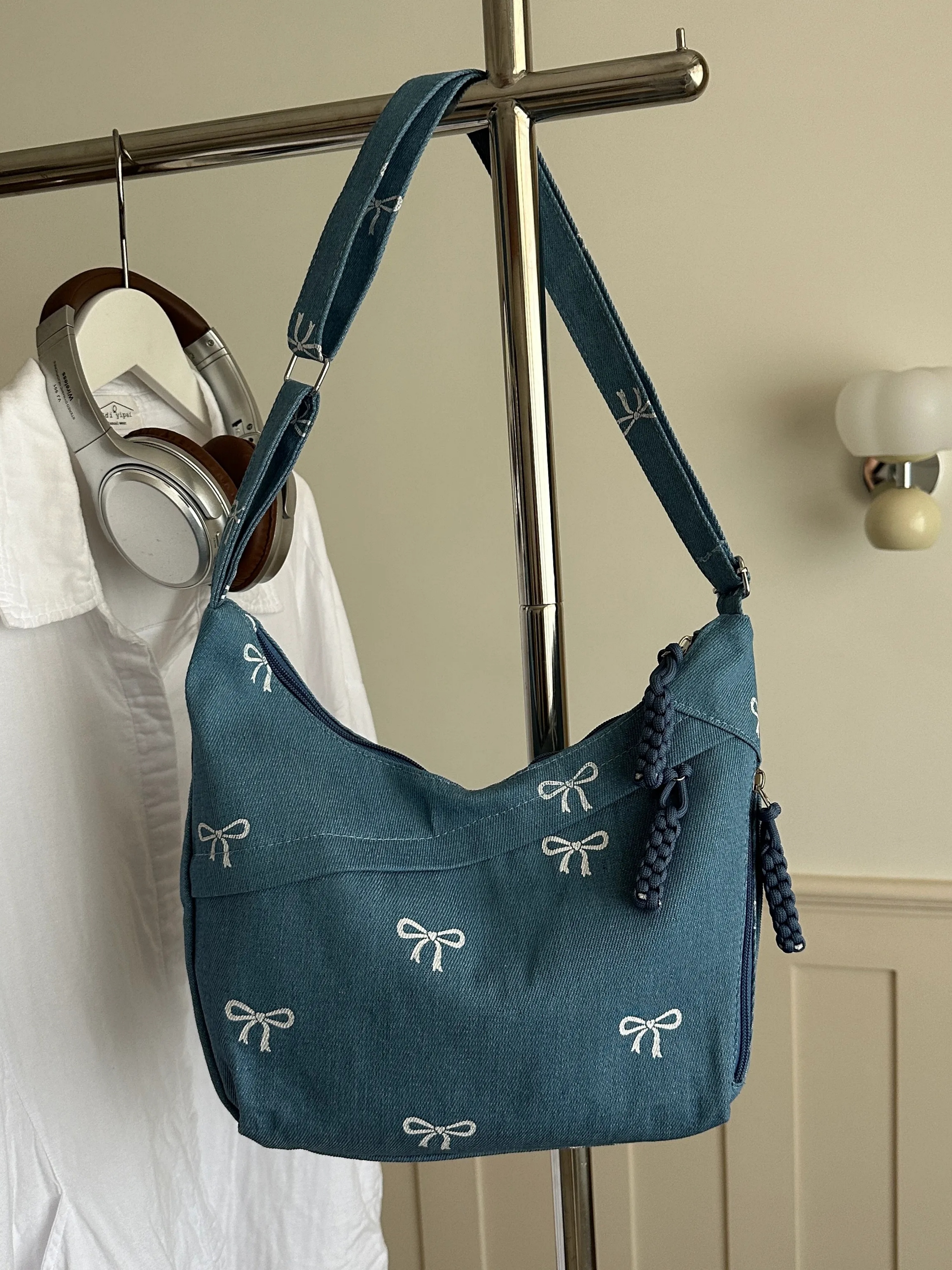 Light Blue Embroidered Crossbody Bag with Zip
