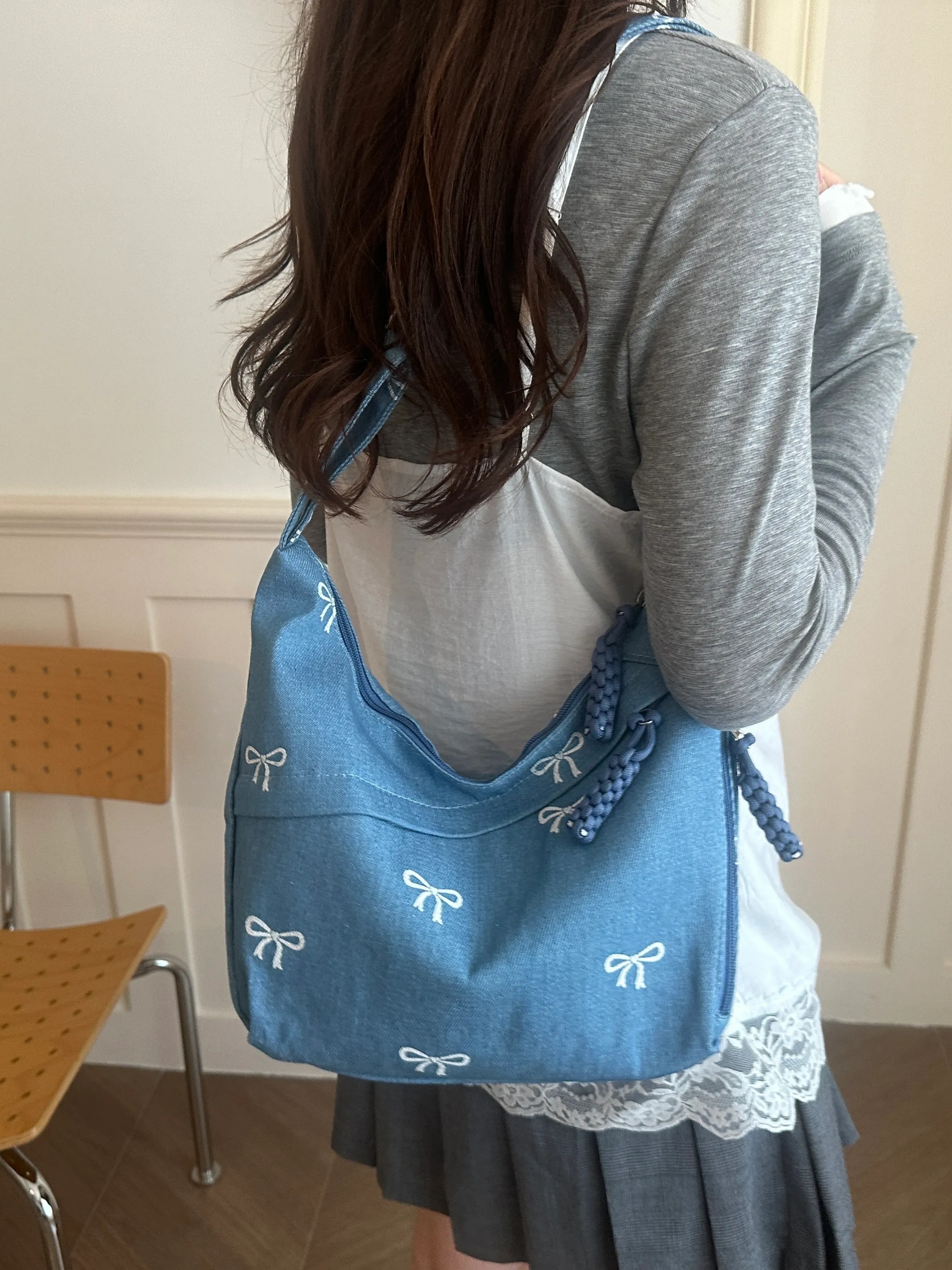 Light Blue Embroidered Crossbody Bag with Zip