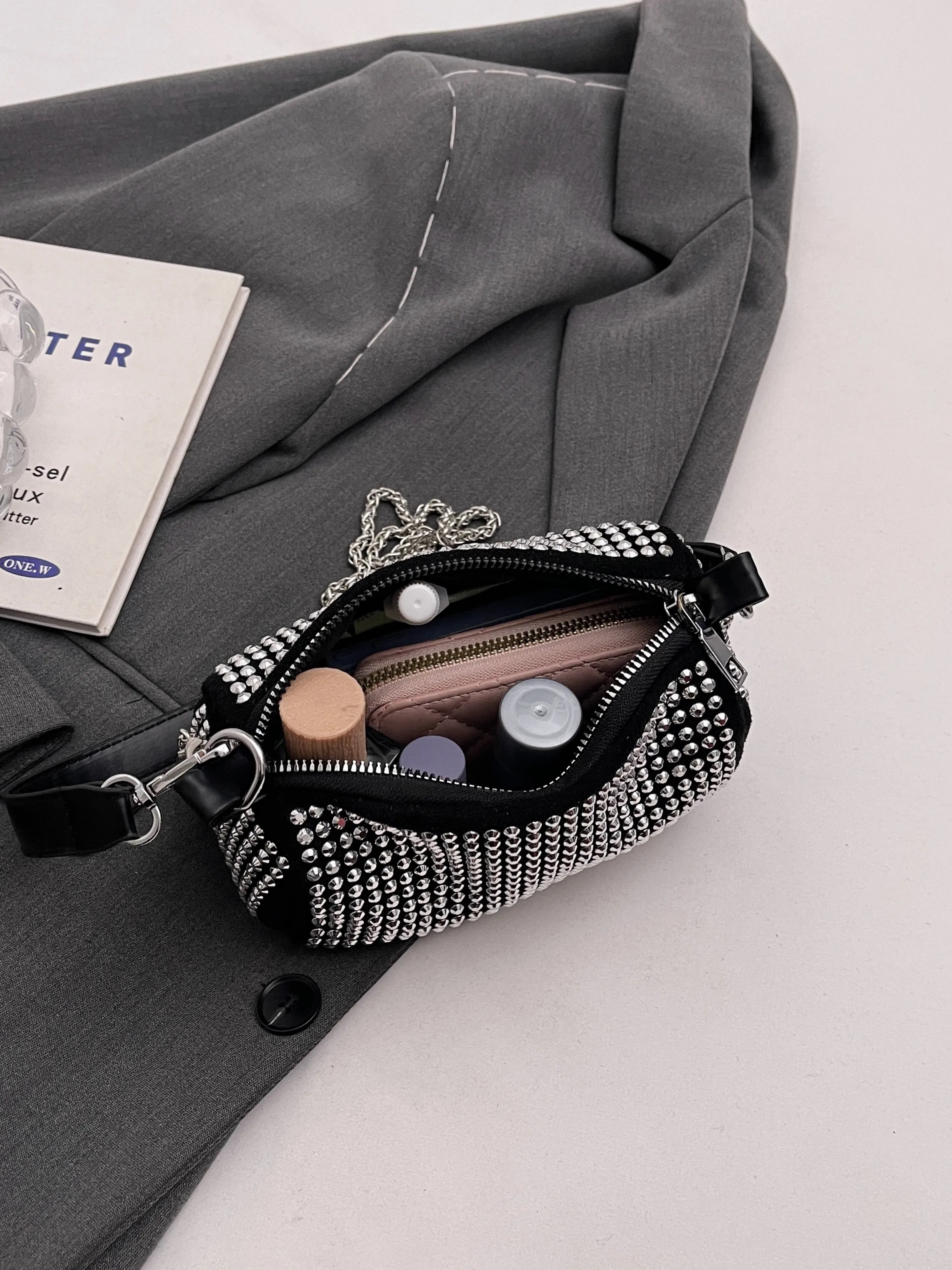 Silver Embroidered Crossbody Bag with Zip