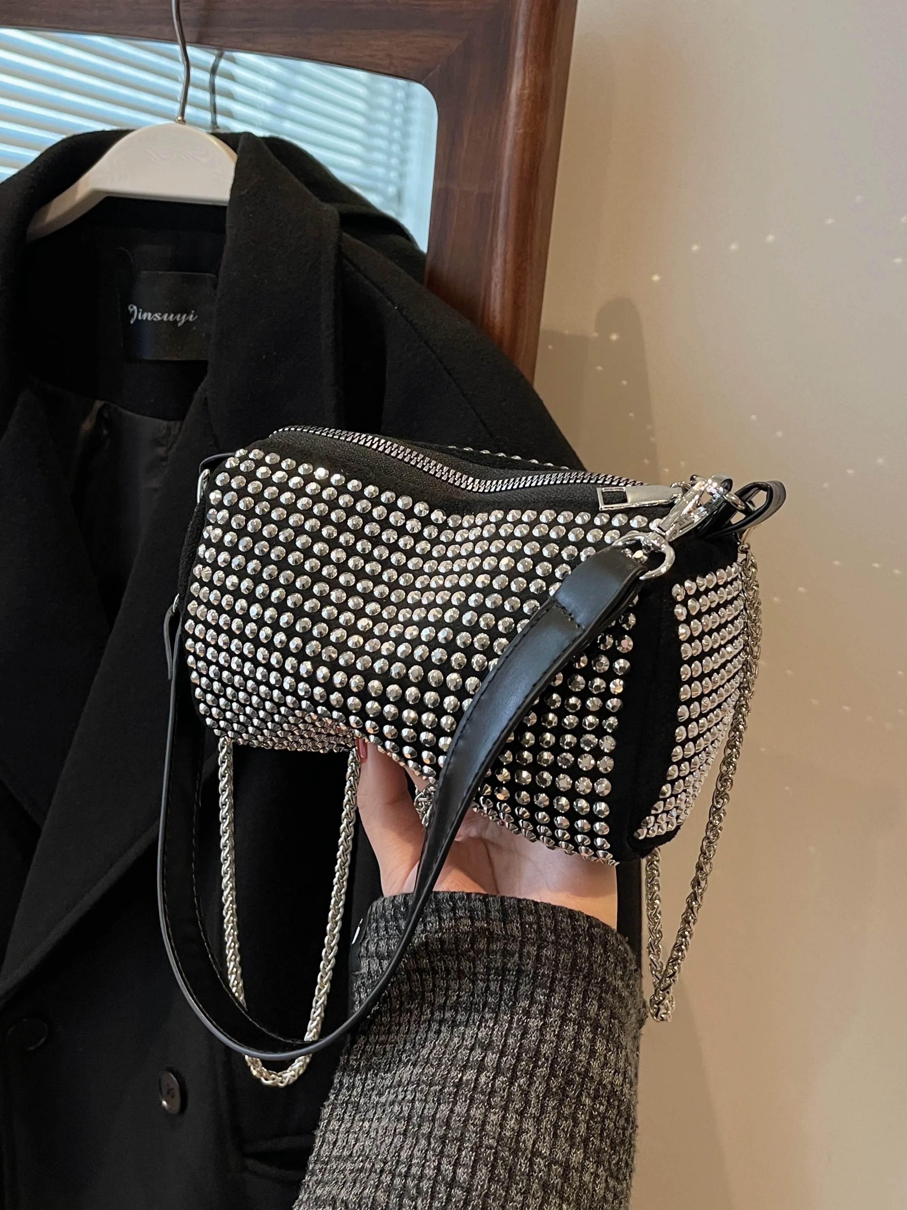 Silver Embroidered Crossbody Bag with Zip