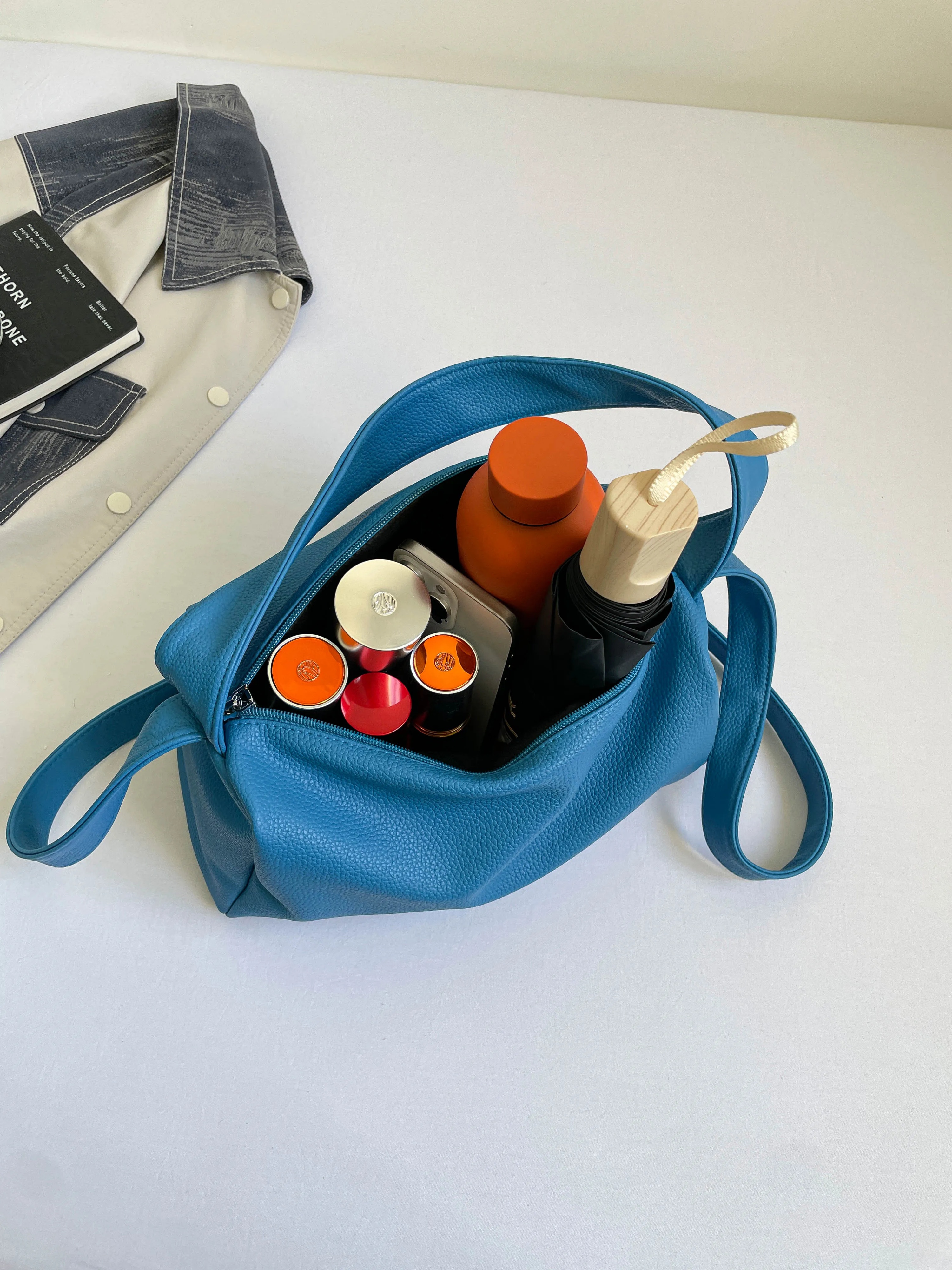 Blue Solid Shoulder Bag with Zip