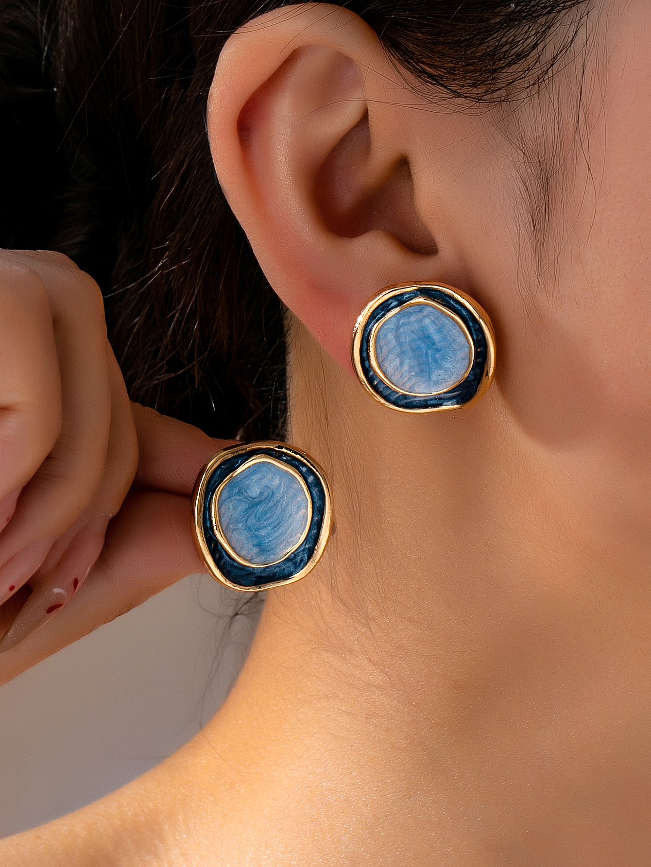 Casual Gold and Blue Enamel Geometric Stud Earrings for Women
