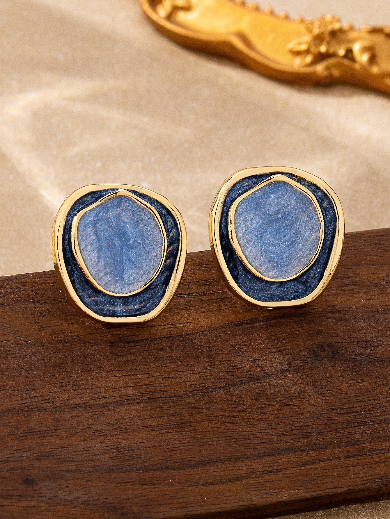 Casual Gold and Blue Enamel Geometric Stud Earrings for Women