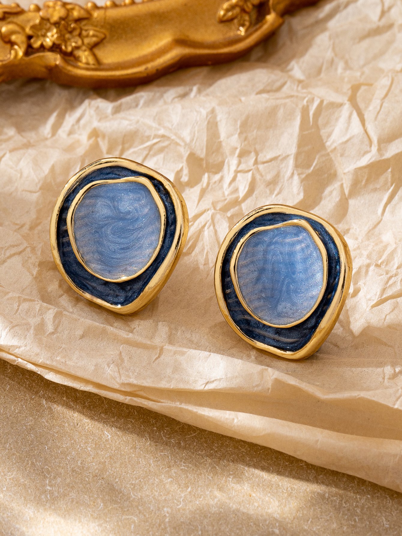 Casual Gold and Blue Enamel Geometric Stud Earrings for Women