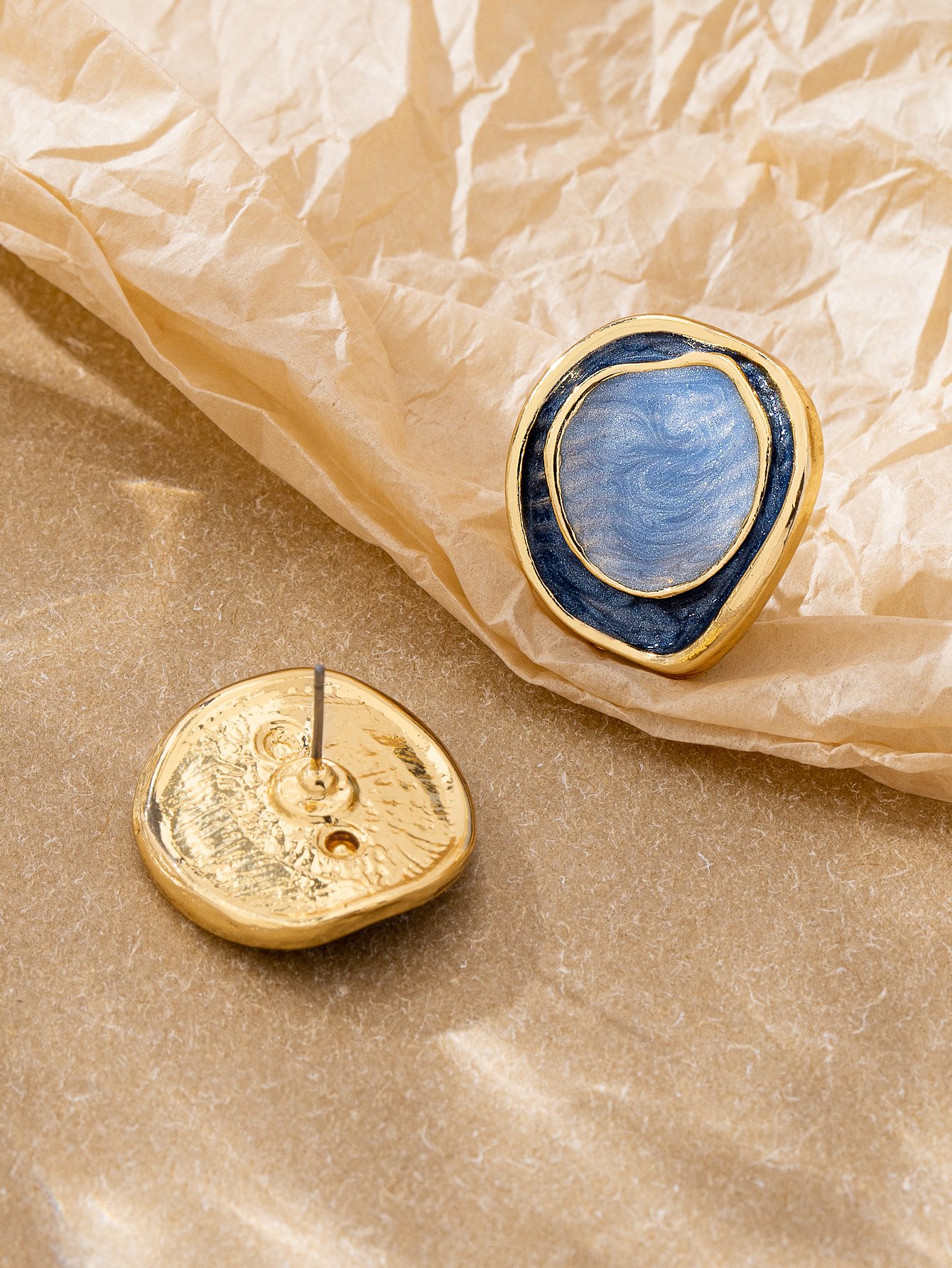 Casual Gold and Blue Enamel Geometric Stud Earrings for Women