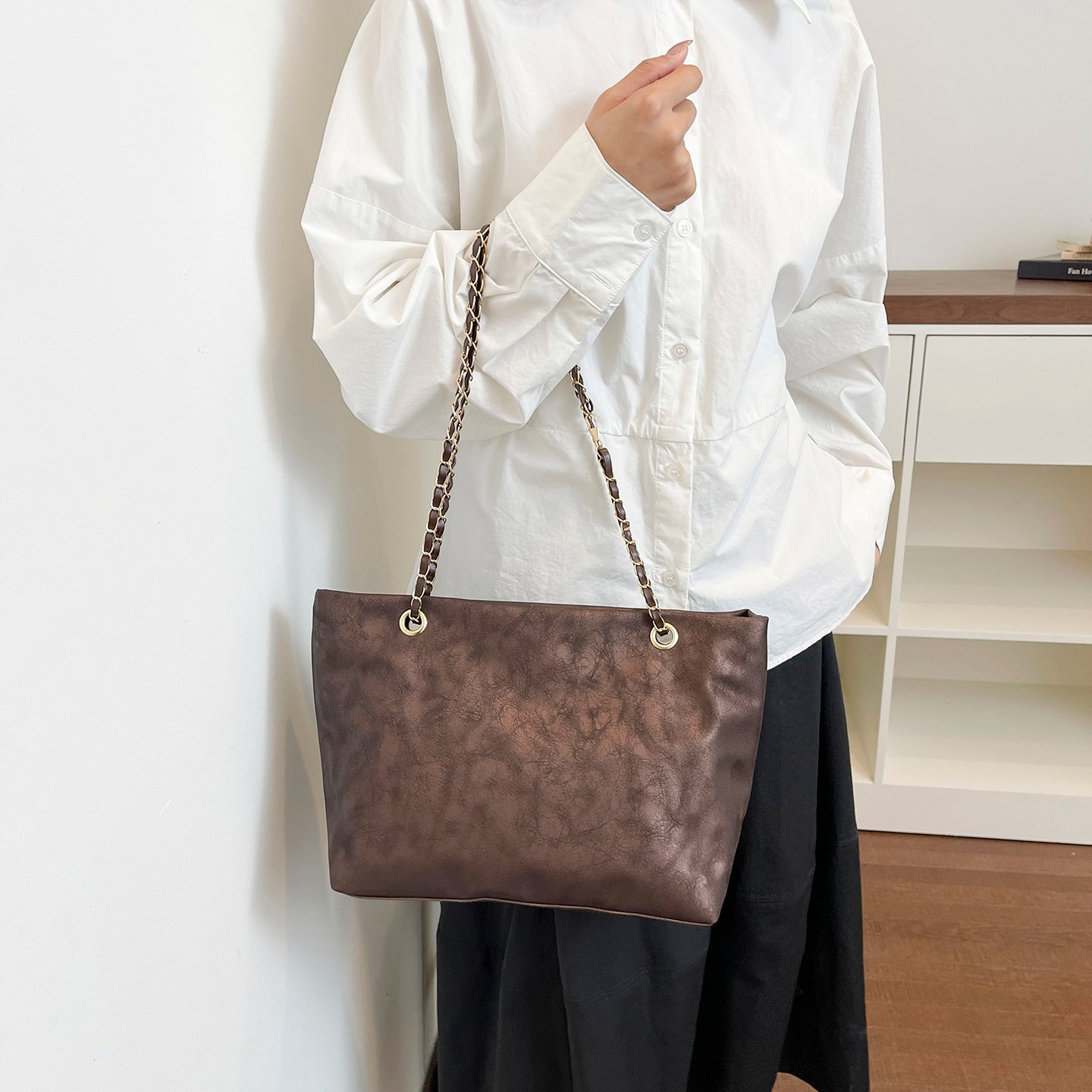 Brown Texture Shoulder Bag with Zip