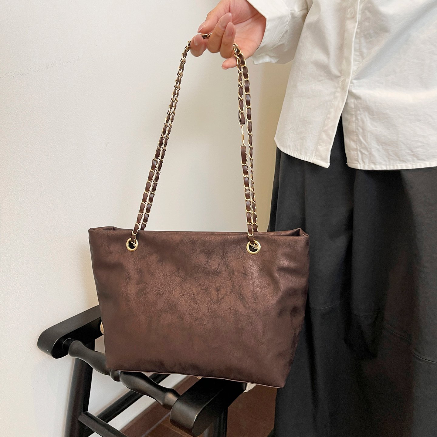 Brown Texture Shoulder Bag with Zip