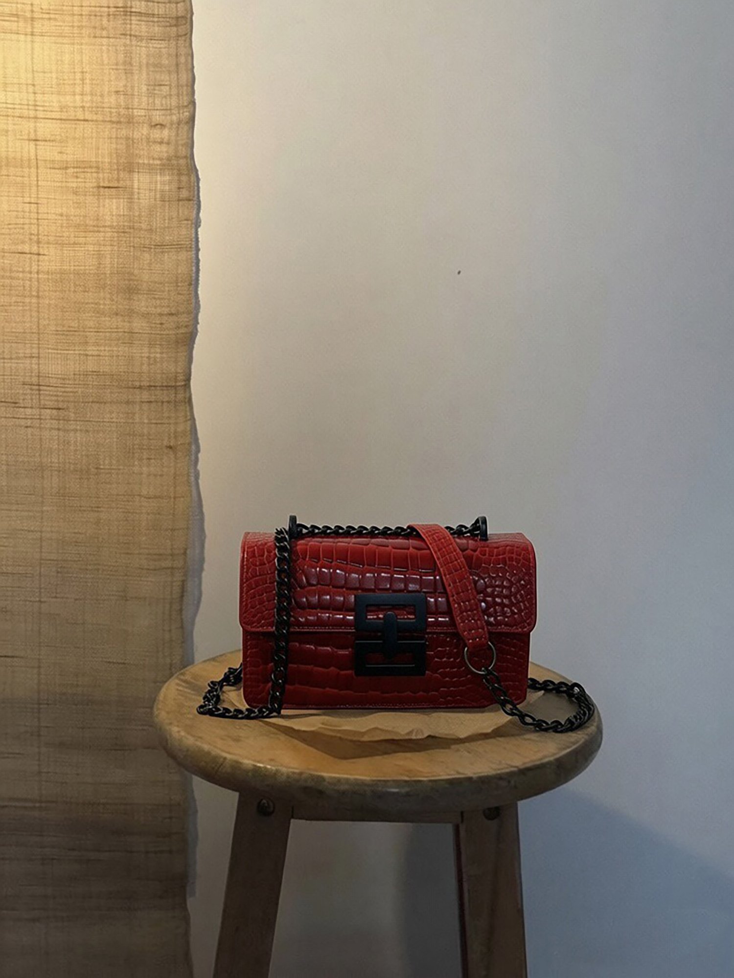 Red Texture Shoulder Bag with Magnetic Closure