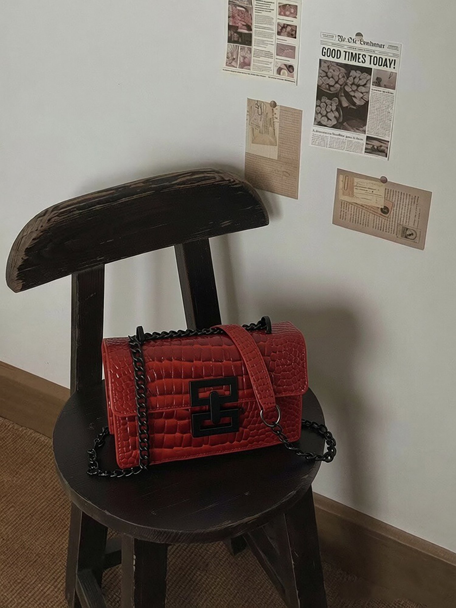 Red Texture Shoulder Bag with Magnetic Closure