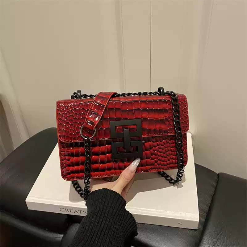 Red Texture Shoulder Bag with Magnetic Closure