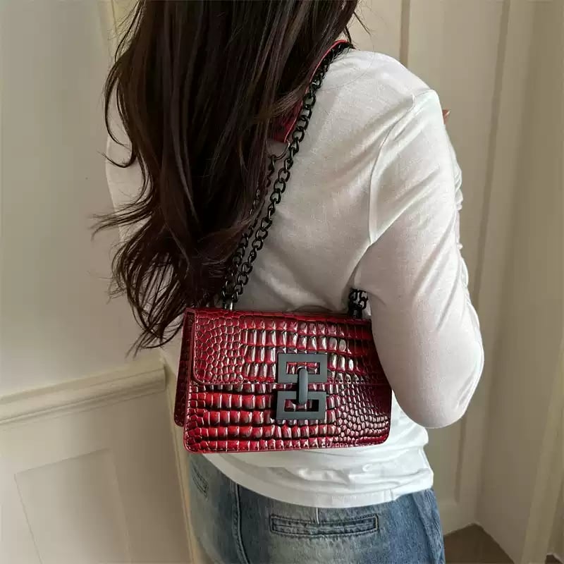 Red Texture Shoulder Bag with Magnetic Closure