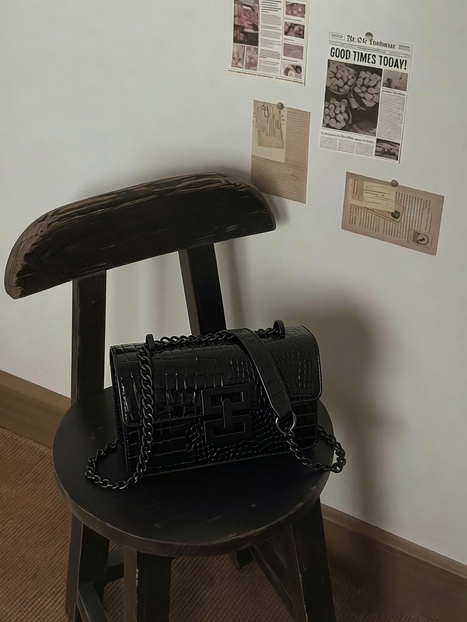 Black Texture Shoulder Bag with Magnetic