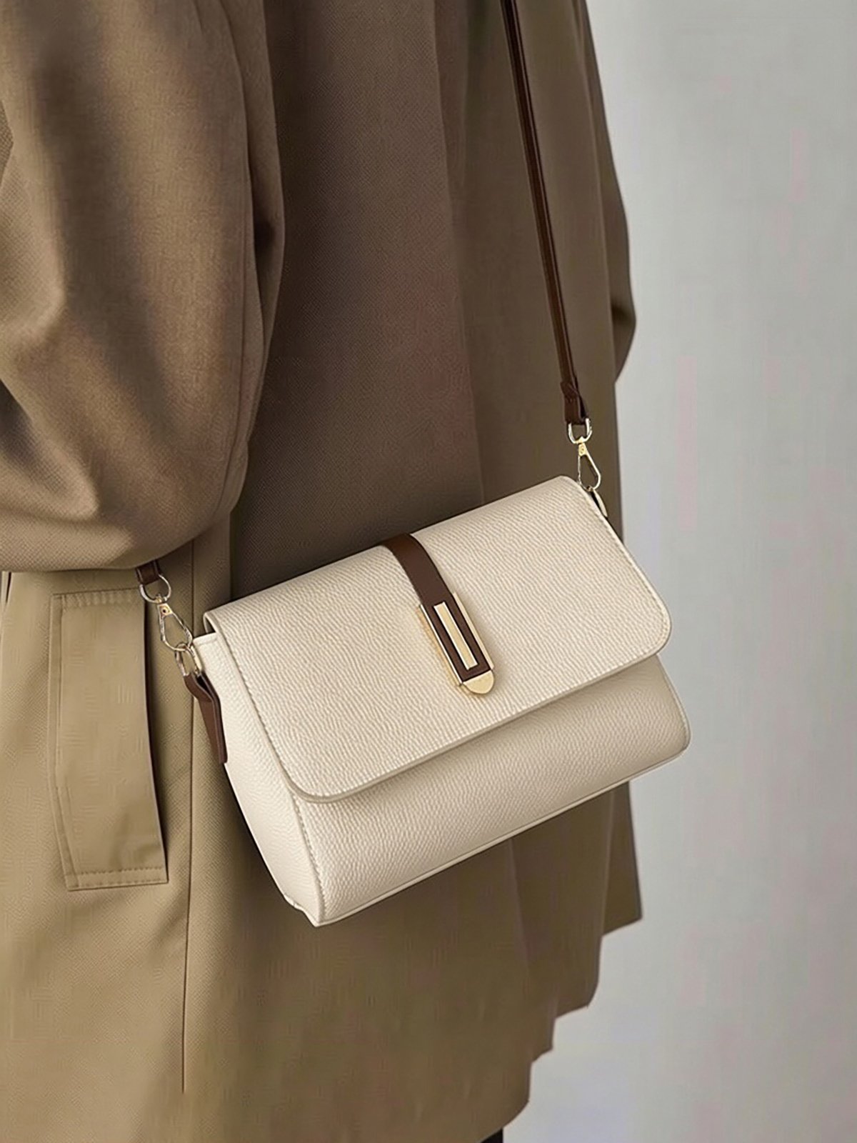 Beige Solid Crossbody Bag with Zip