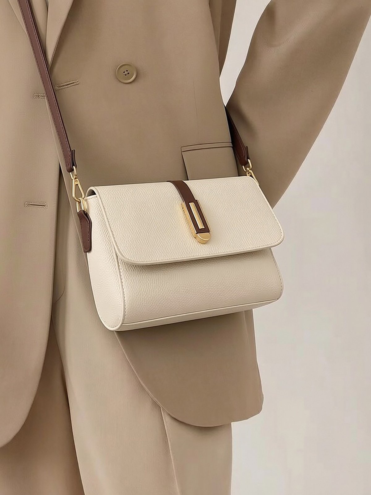 Beige Solid Crossbody Bag with Zip