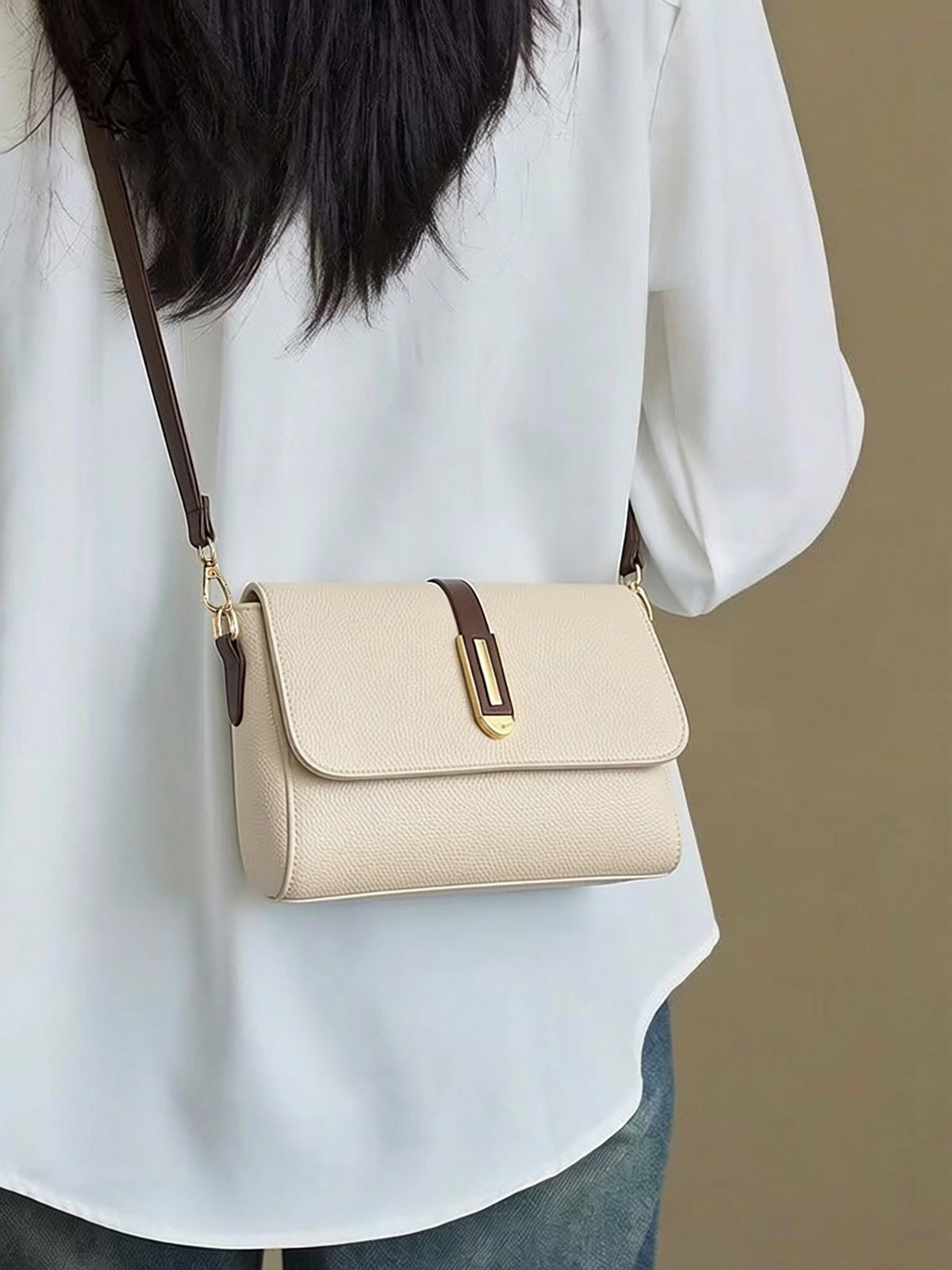 Beige Solid Crossbody Bag with Zip