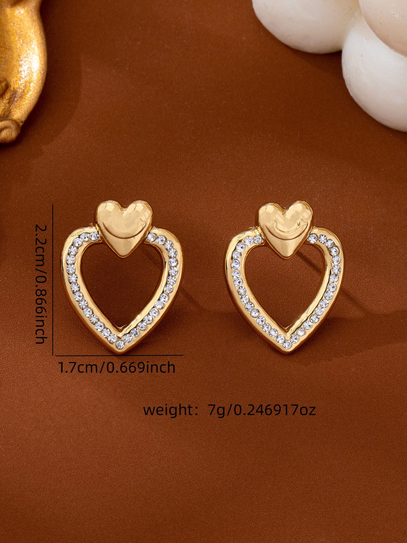 Gold Heart Rhinestone Stud Earrings - Casual  for Her
