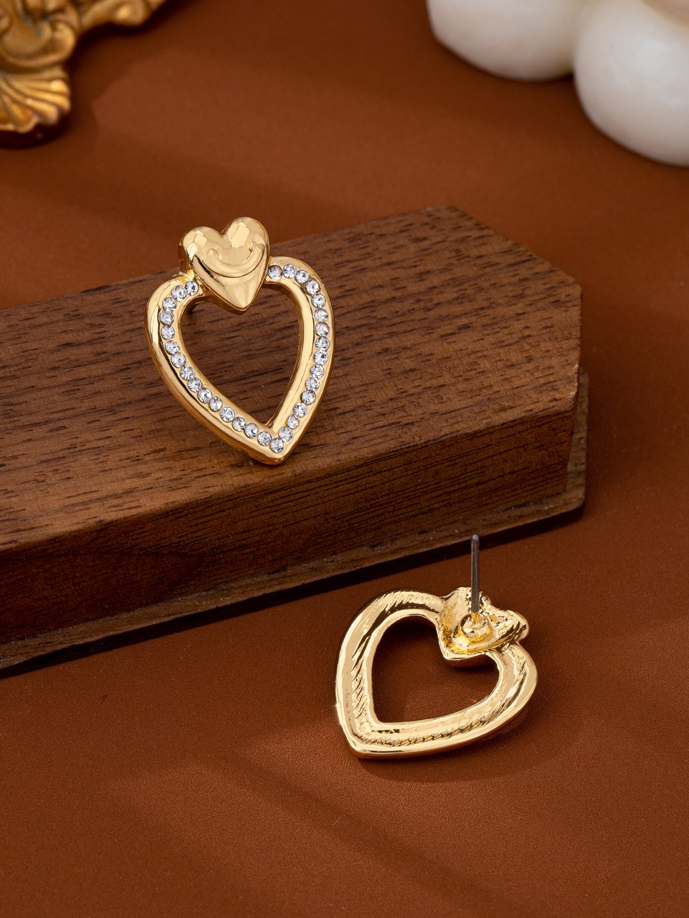 Gold Heart Rhinestone Stud Earrings - Casual  for Her