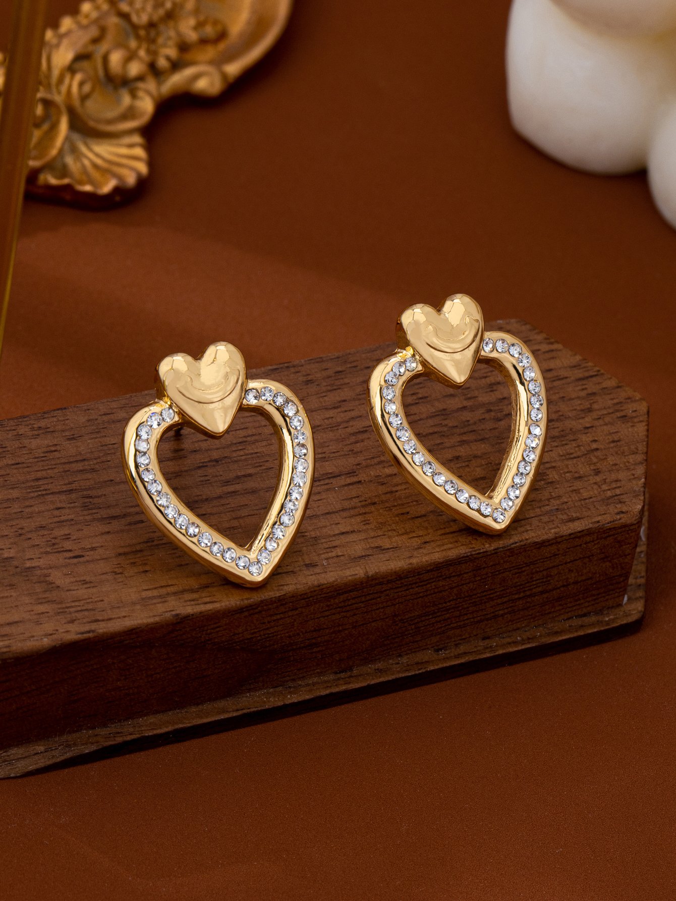 Gold Heart Rhinestone Stud Earrings - Casual  for Her