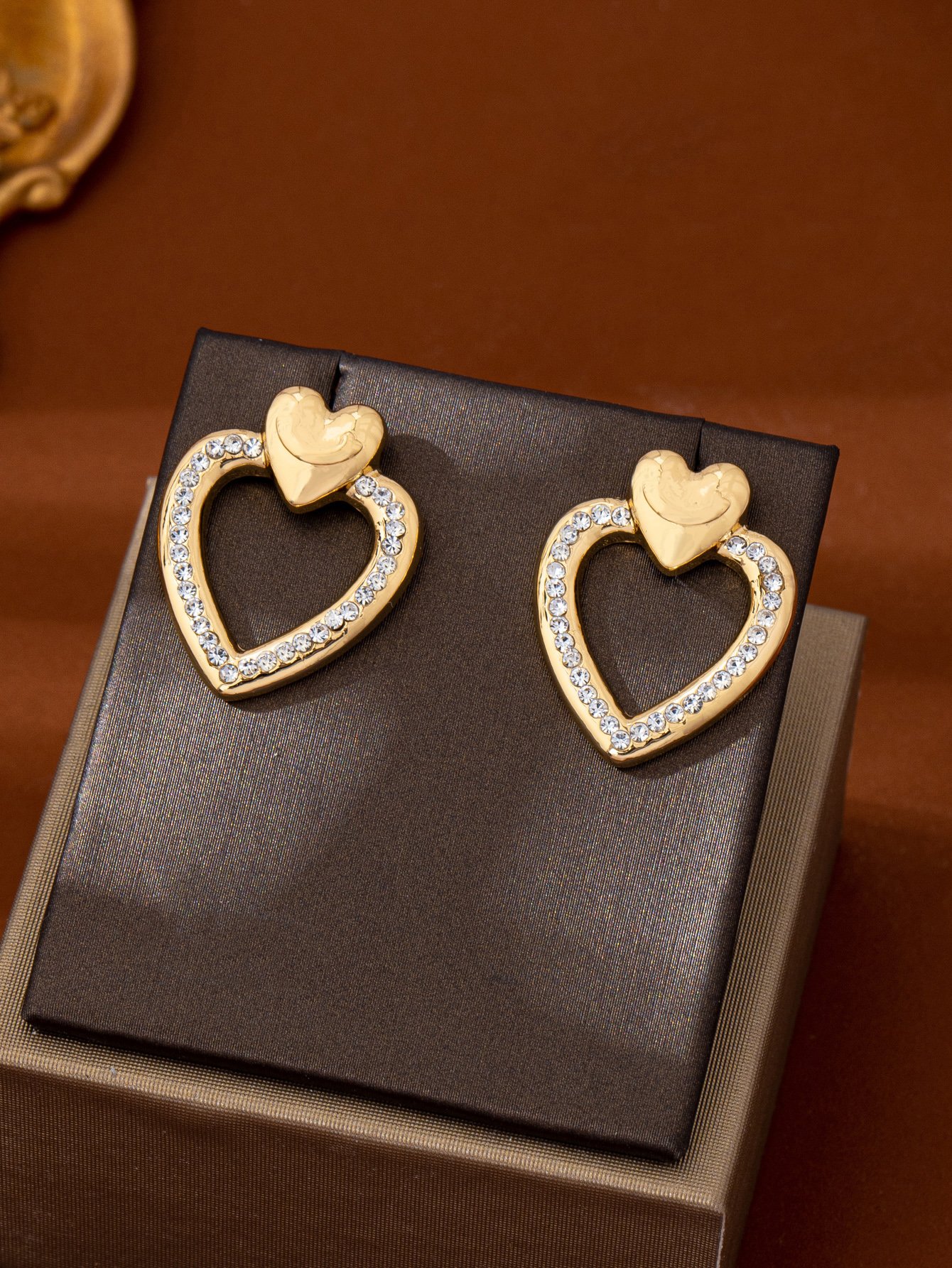 Gold Heart Rhinestone Stud Earrings - Casual  for Her