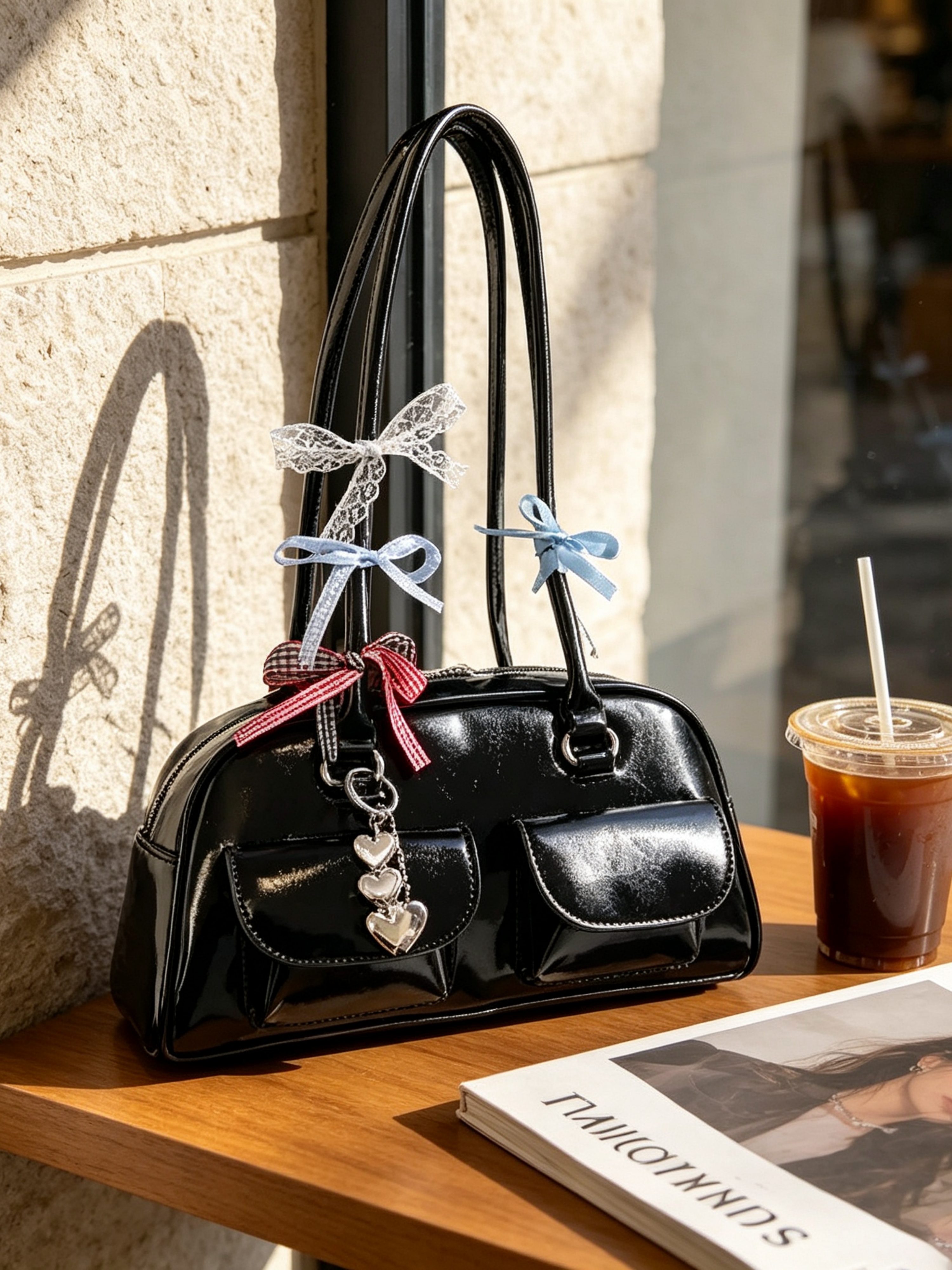 Black Solid Shoulder Bag with Zip