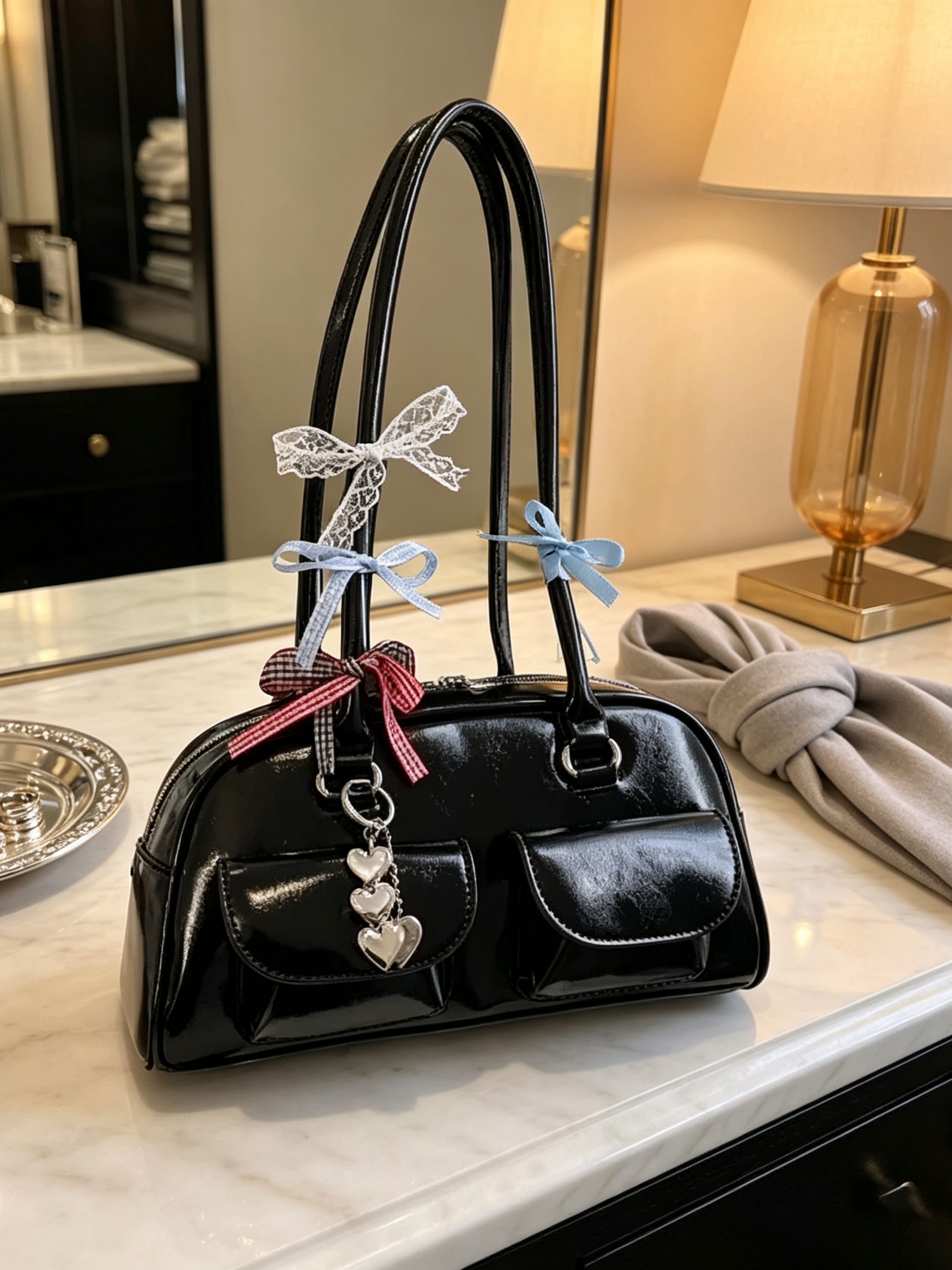 Black Solid Shoulder Bag with Zip