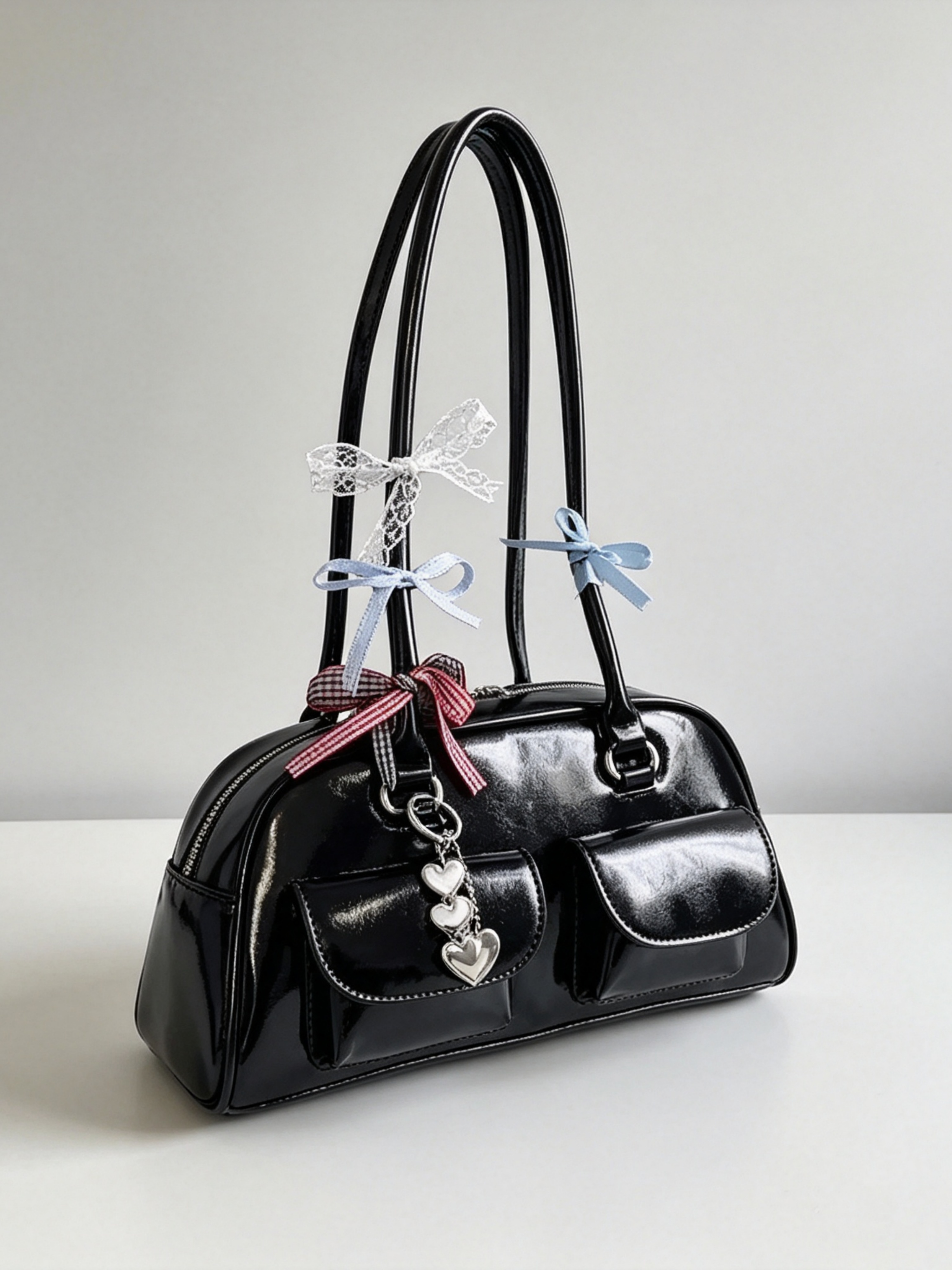 Black Solid Shoulder Bag with Zip