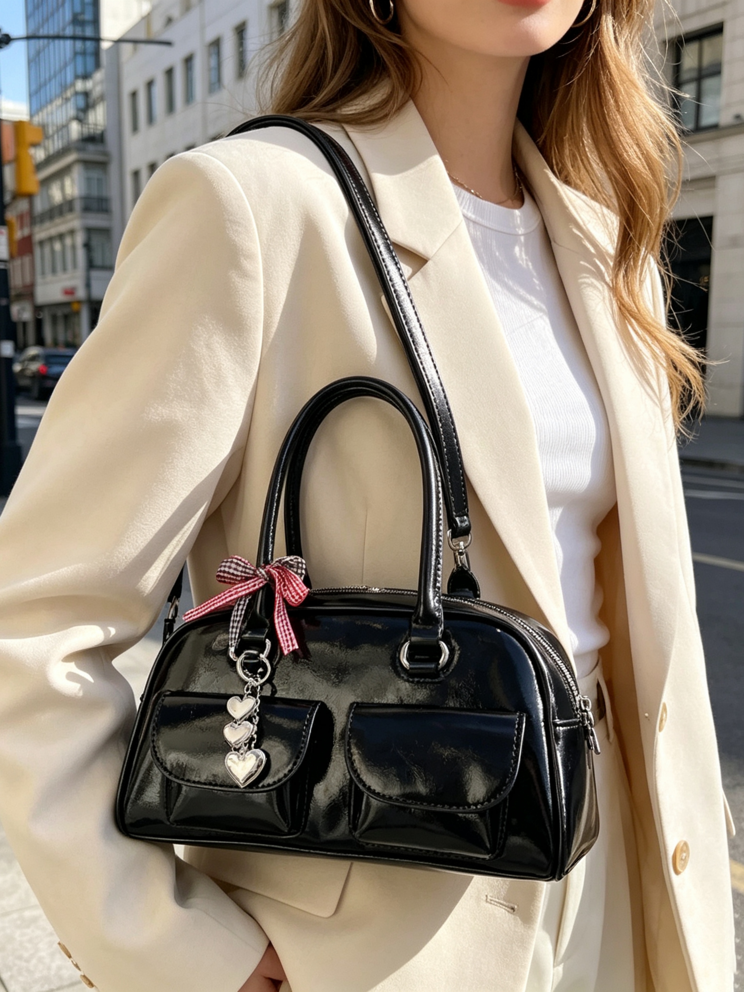 Black Solid Shoulder Bag with Zip