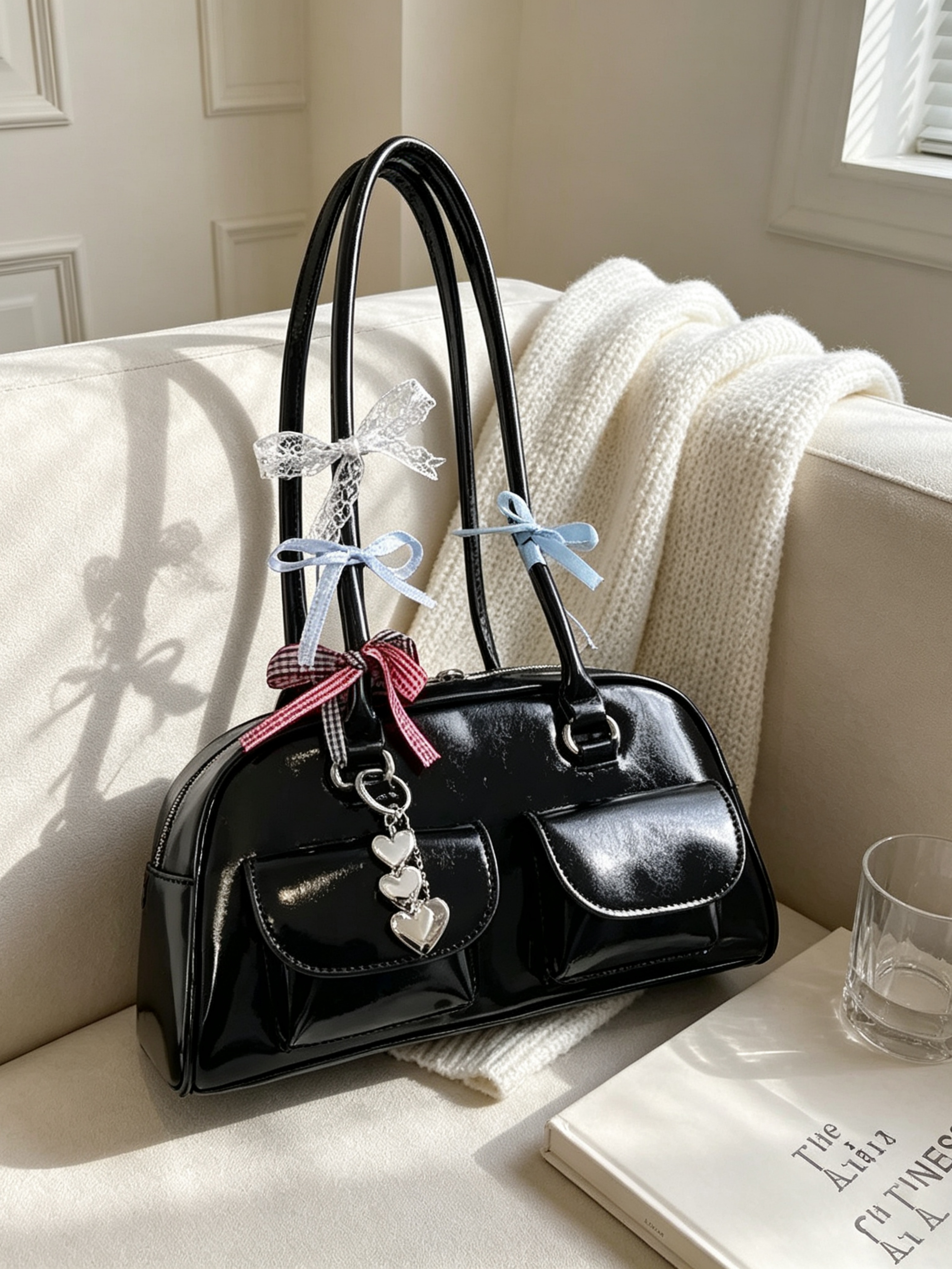 Black Solid Shoulder Bag with Zip