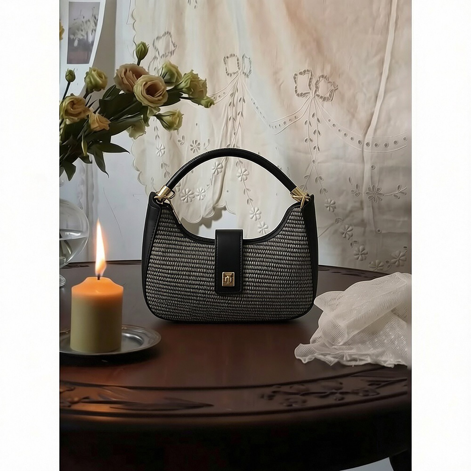 Black Texture Handbag with Magnetic Closure