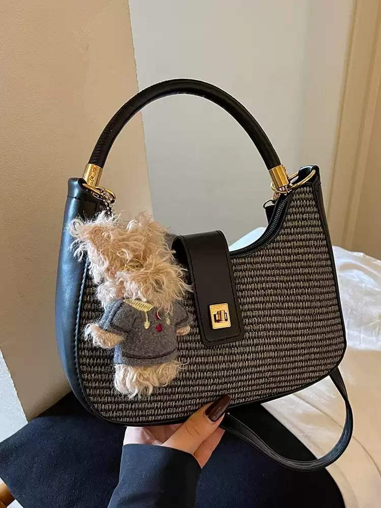 Black Texture Handbag with Magnetic Closure