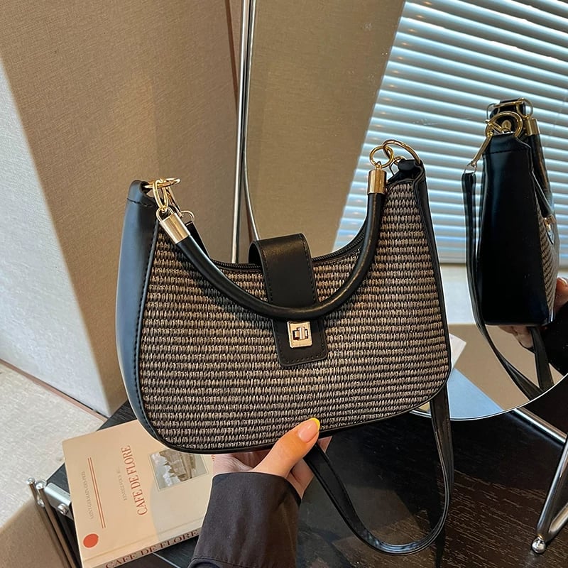 Black Texture Handbag with Magnetic Closure