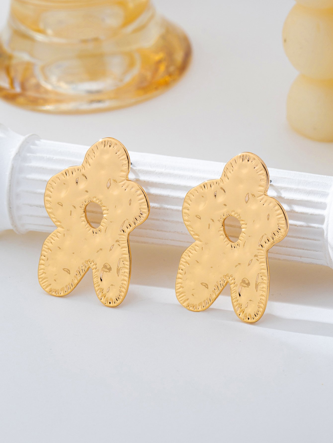 Gold Hammered Flower Stud Earrings for Women - Casual  Style