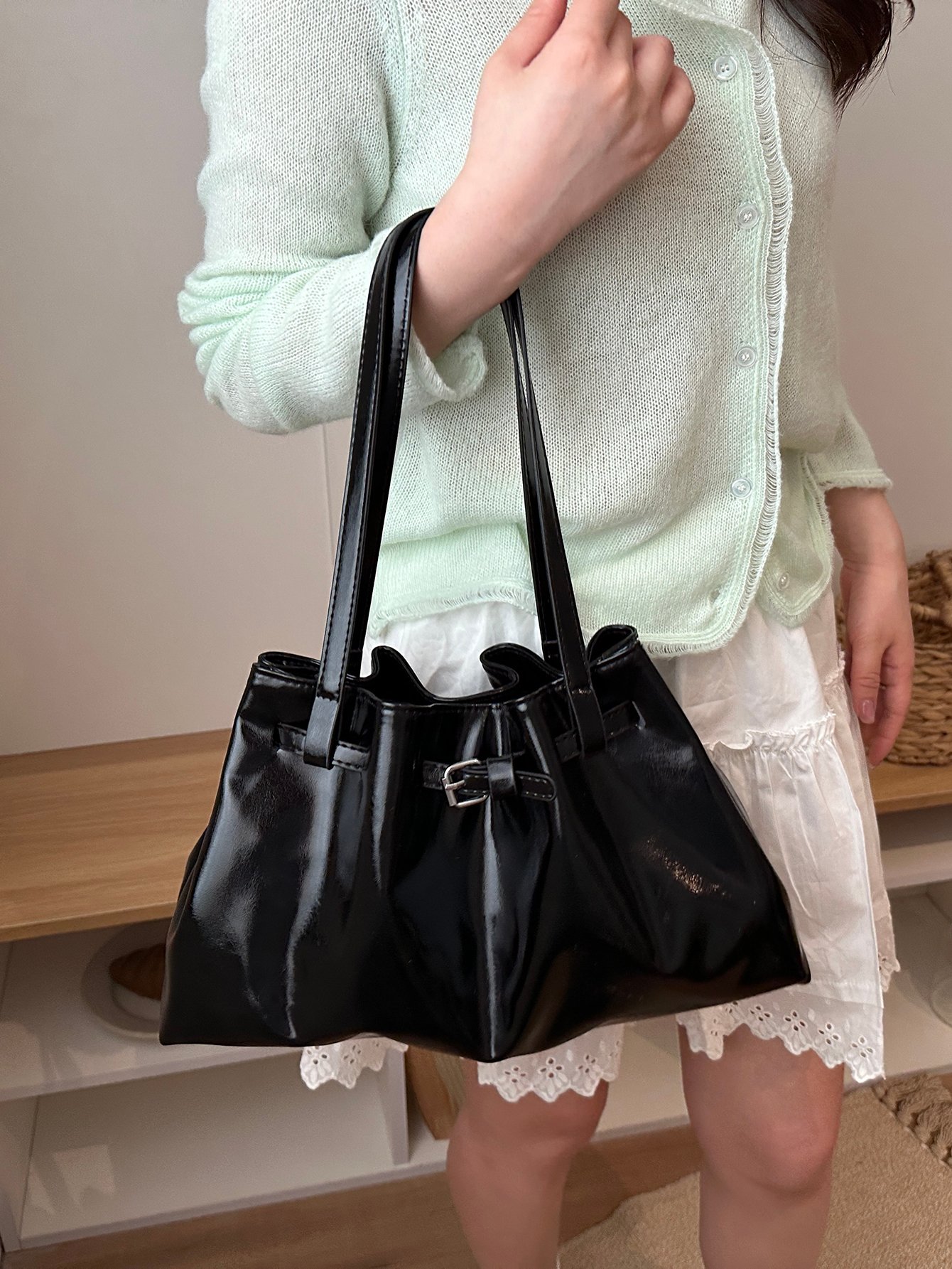 Black Solid Shoulder Bag 