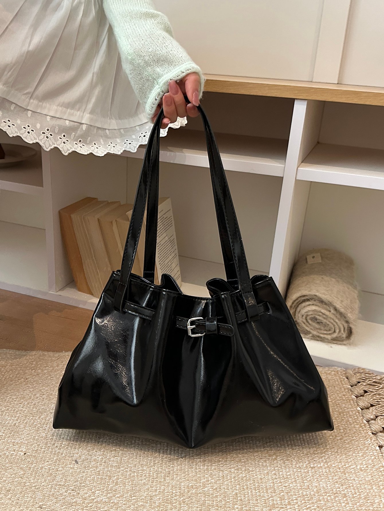 Black Solid Shoulder Bag 