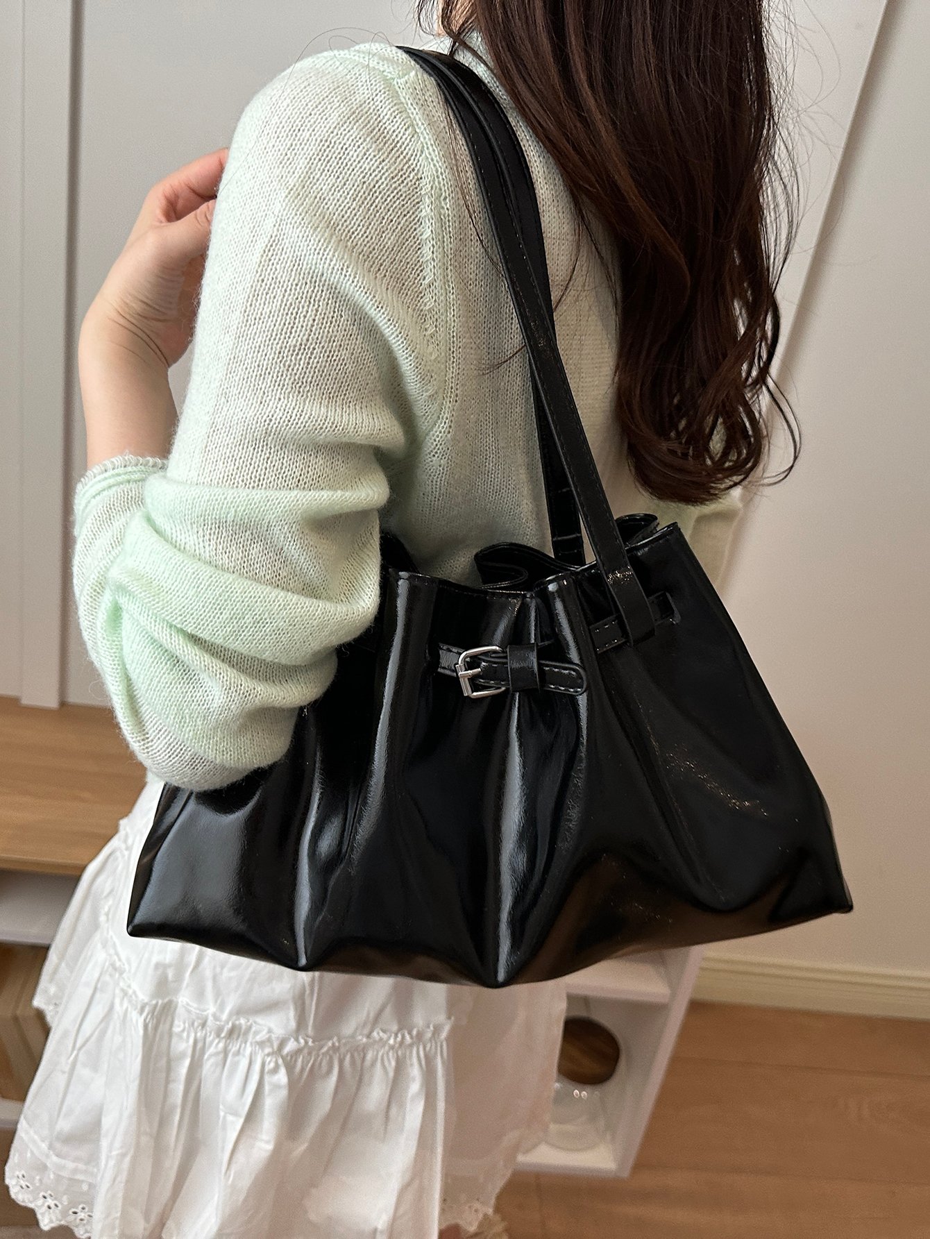 Black Solid Shoulder Bag 