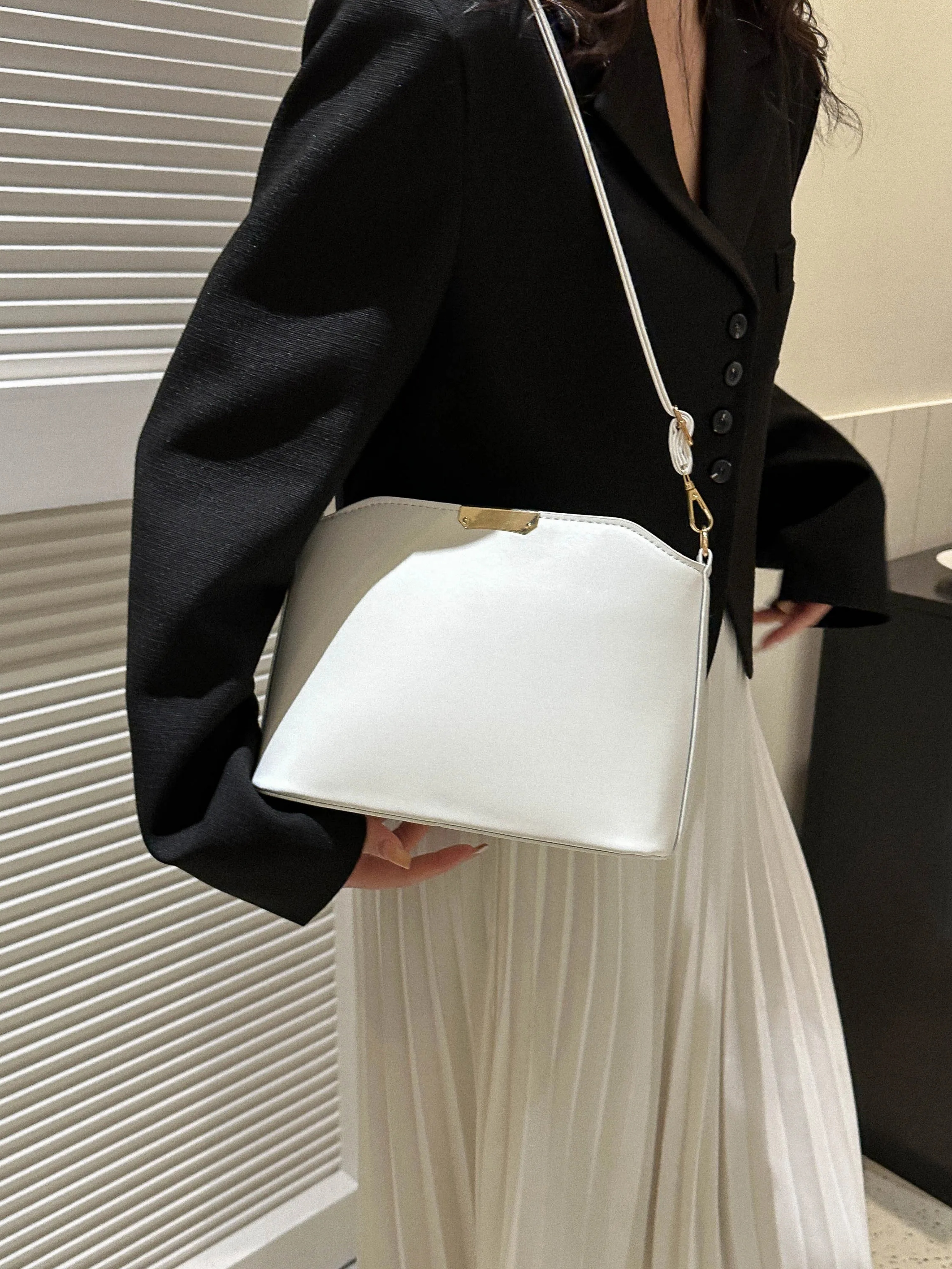 White Solid Crossbody Bag with Zip