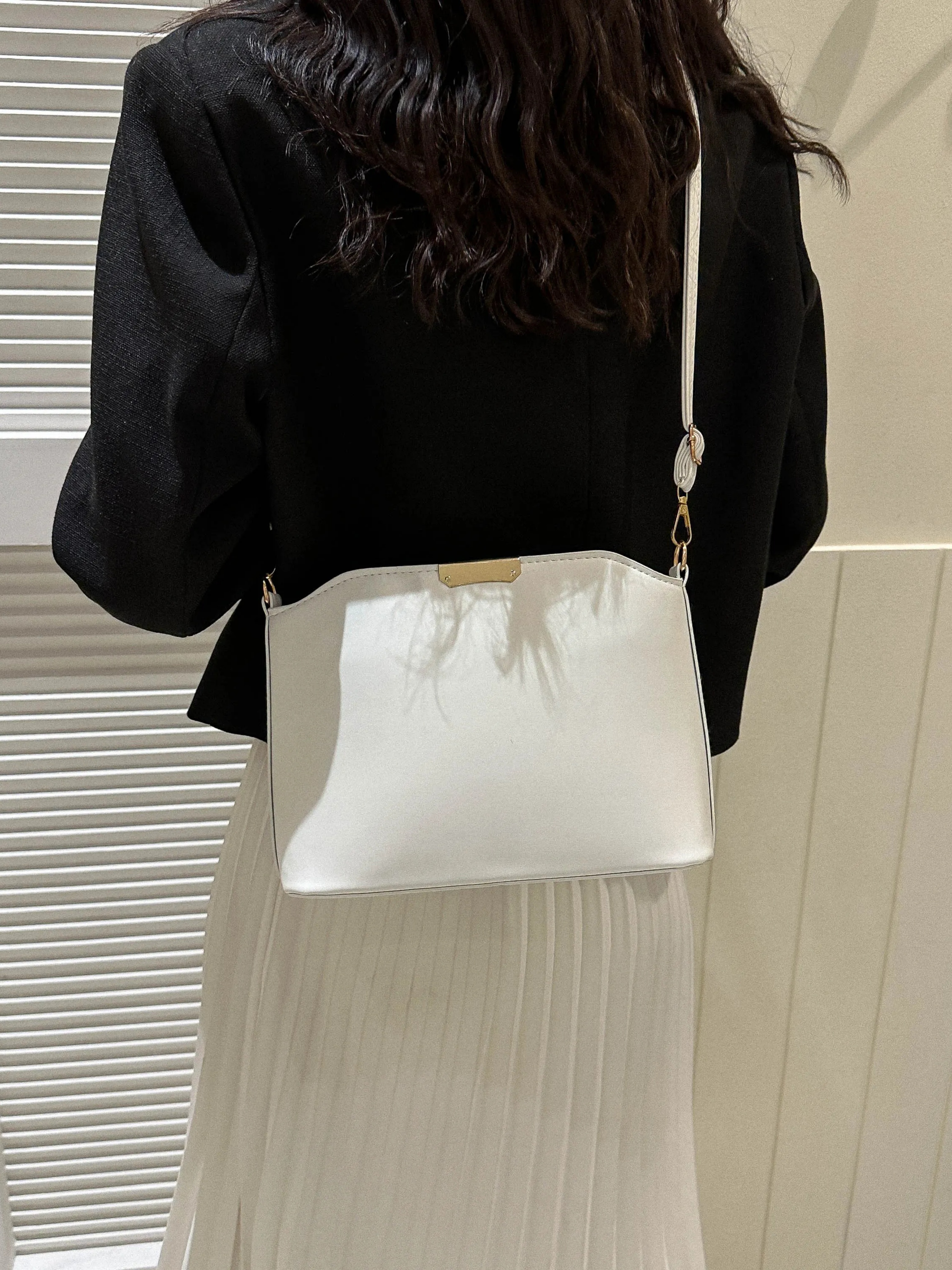 White Solid Crossbody Bag with Zip