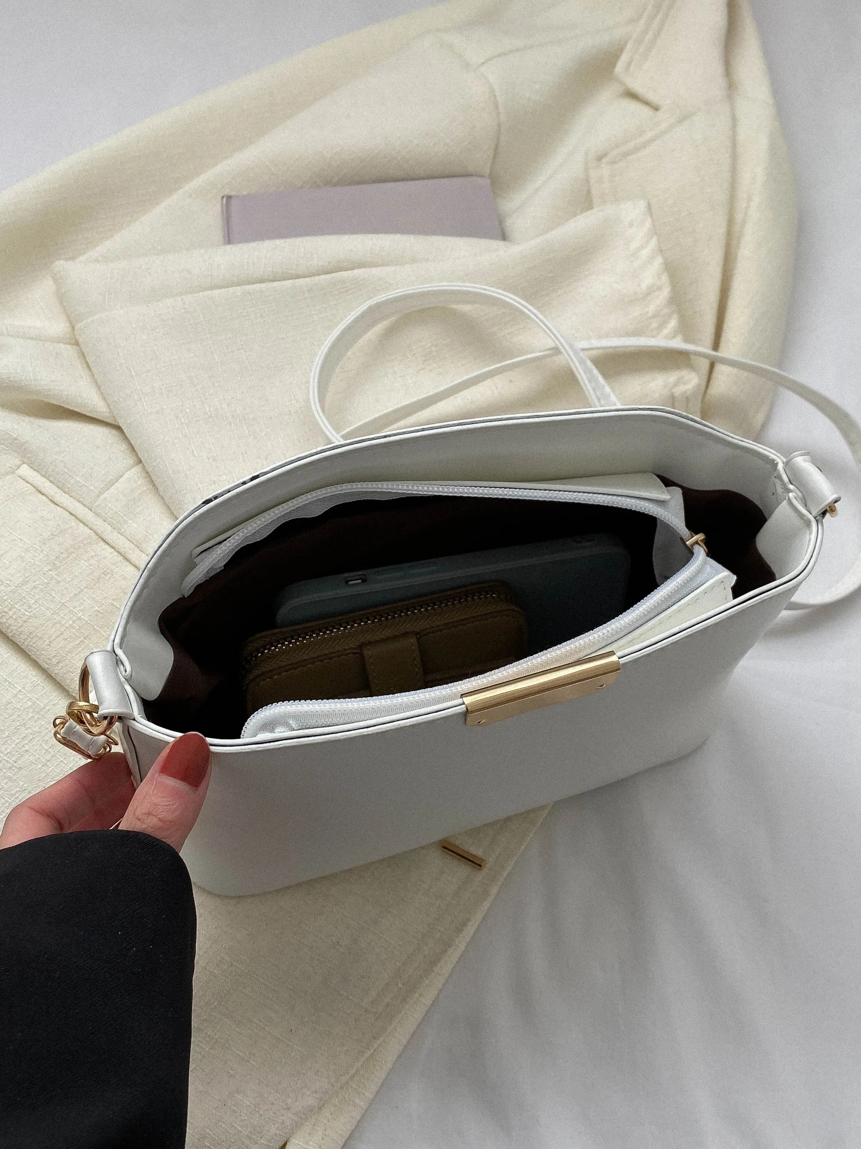 White Solid Crossbody Bag with Zip