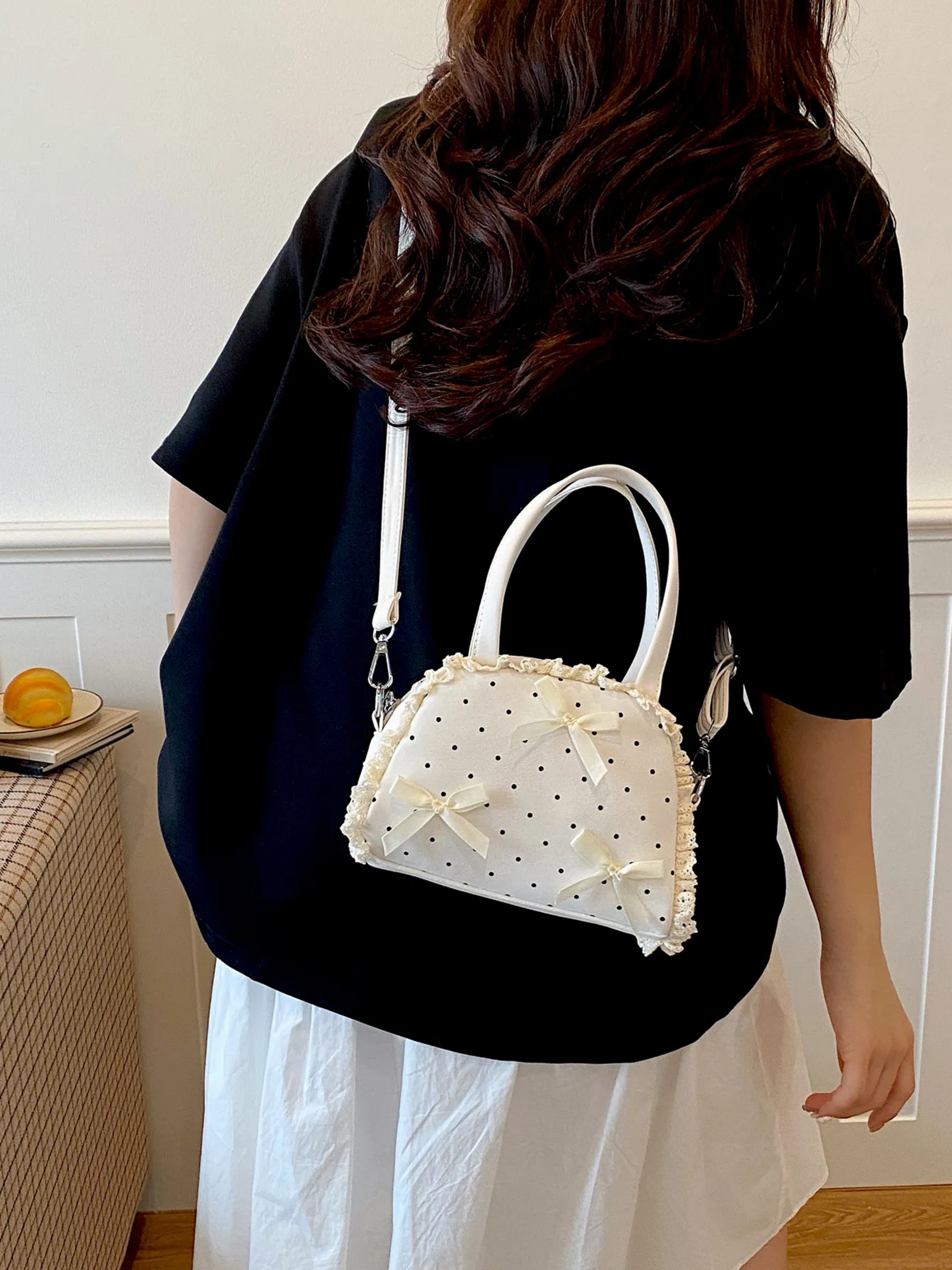 White Printed Handbag with Zip
