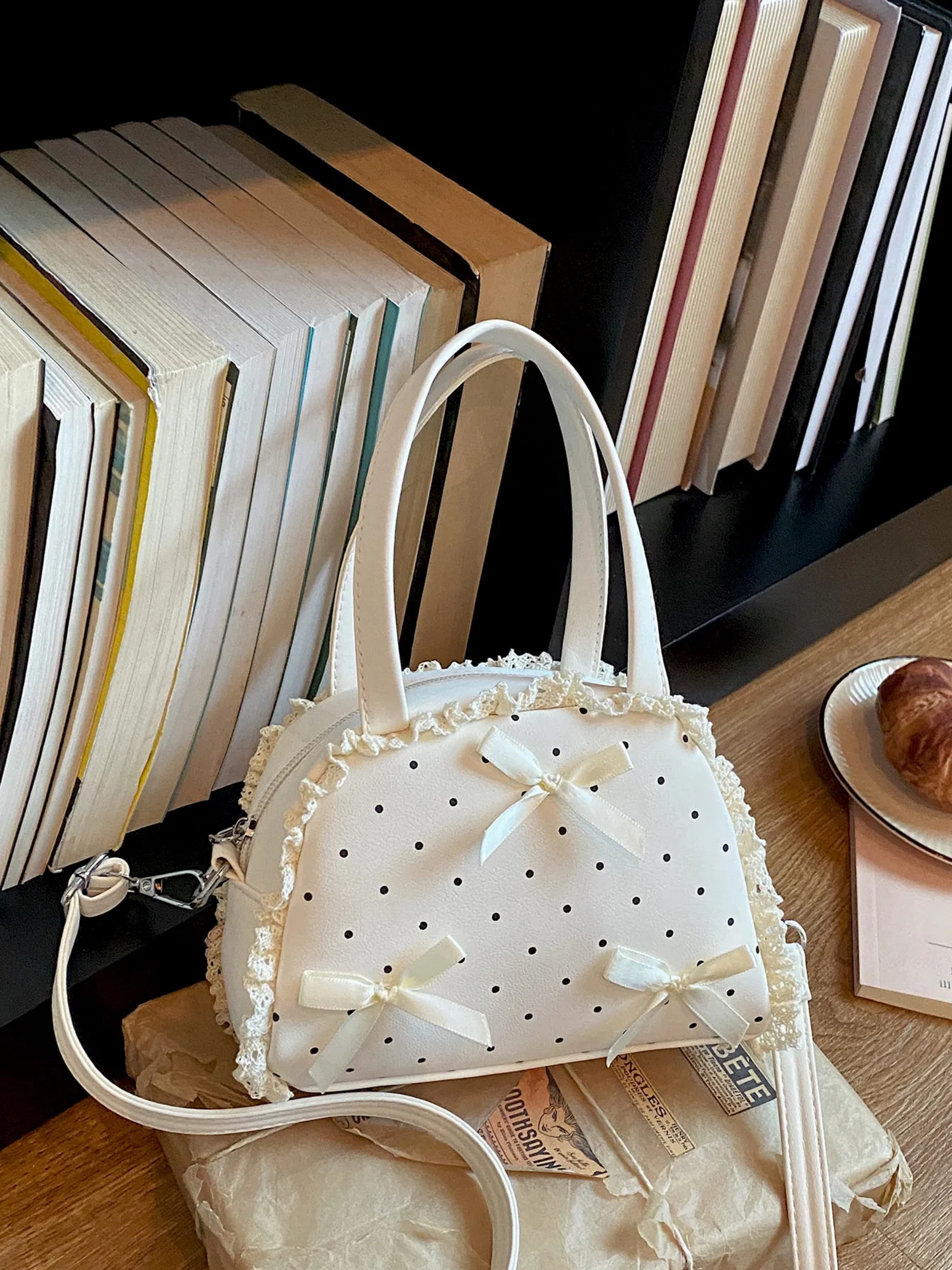 White Printed Handbag with Zip