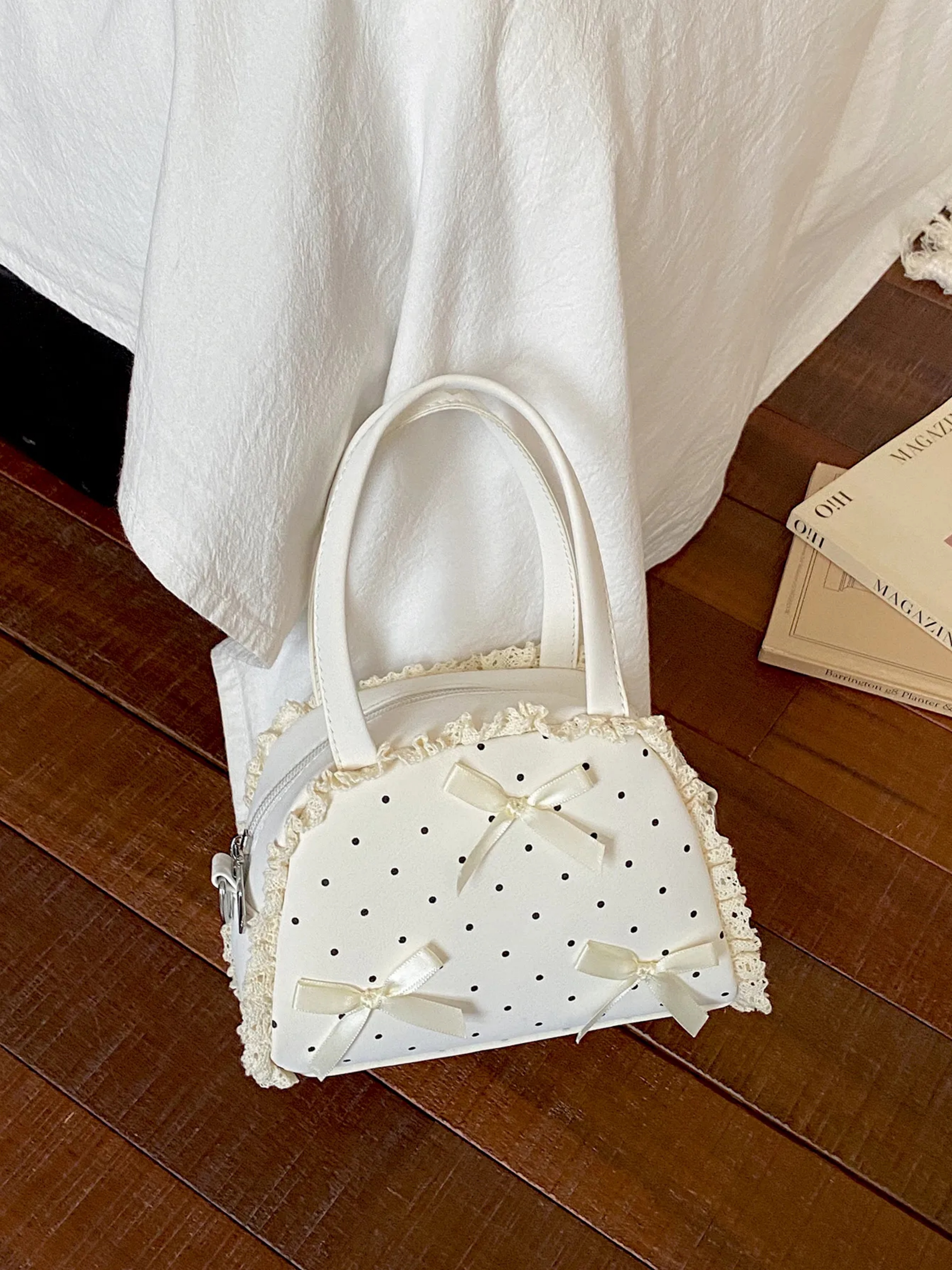 White Printed Handbag with Zip